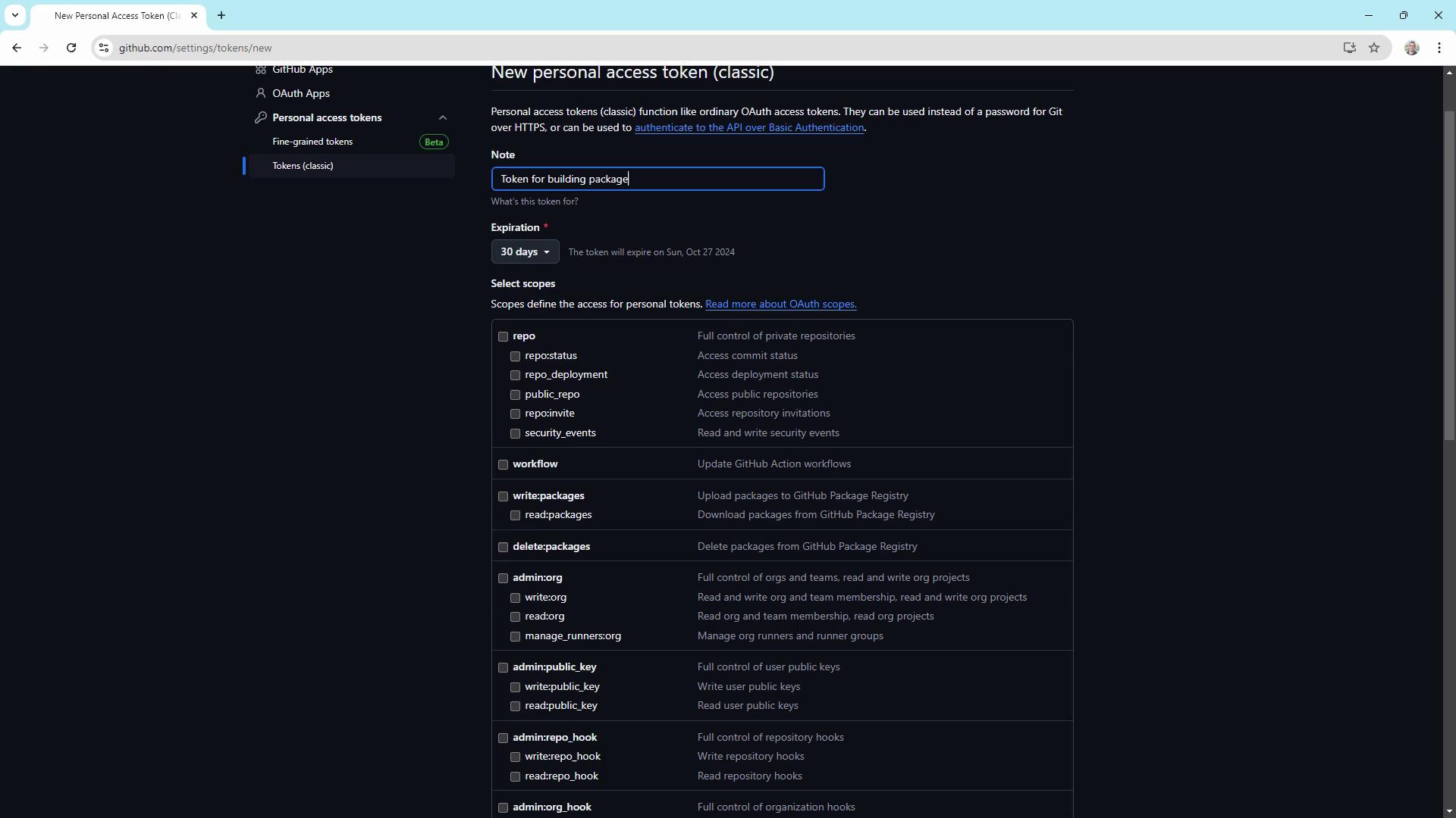The image shows a GitHub settings page for creating a new personal access token, with options to set a note, expiration, and select various scopes for access permissions.