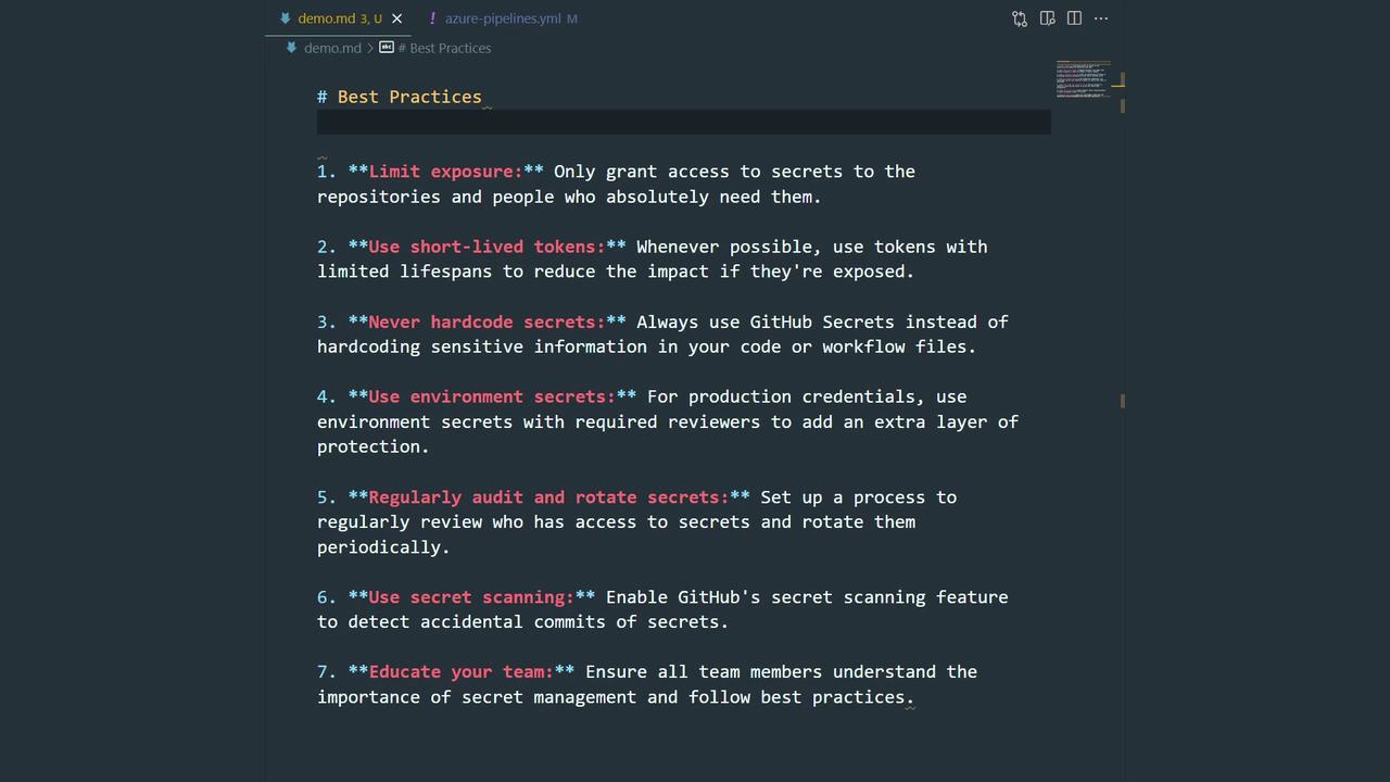 The image shows a list of best practices for managing secrets in code, including limiting exposure, using short-lived tokens, avoiding hardcoding, and regularly auditing access.