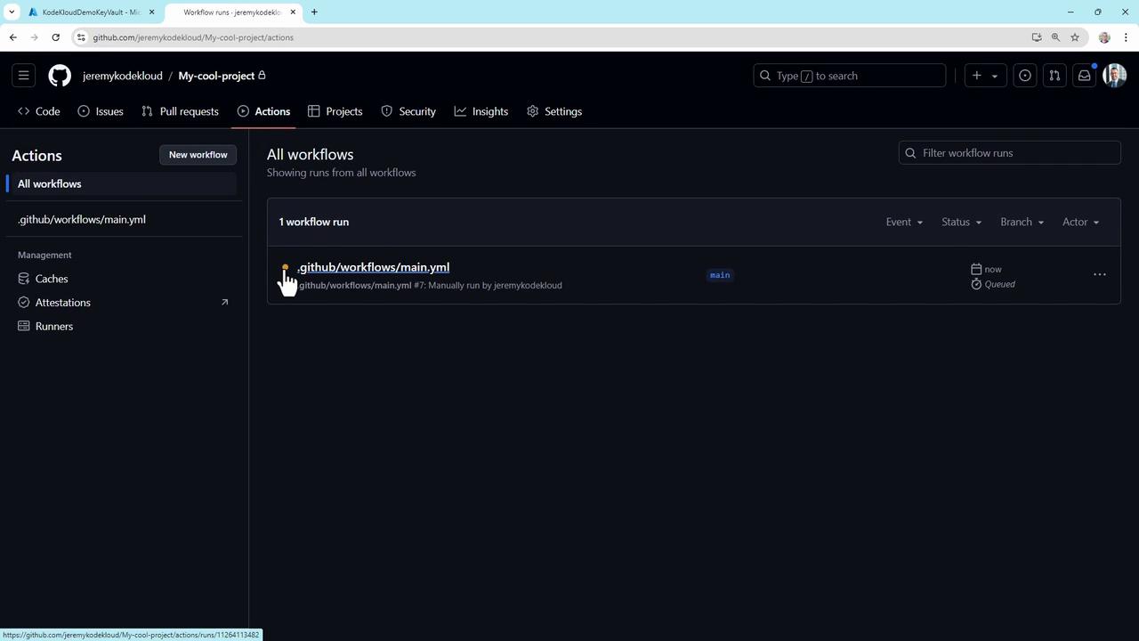 The image shows a GitHub Actions page for a project named "My-cool-project," displaying a workflow run for a file named "main.yml" in the ".github/workflows" directory.