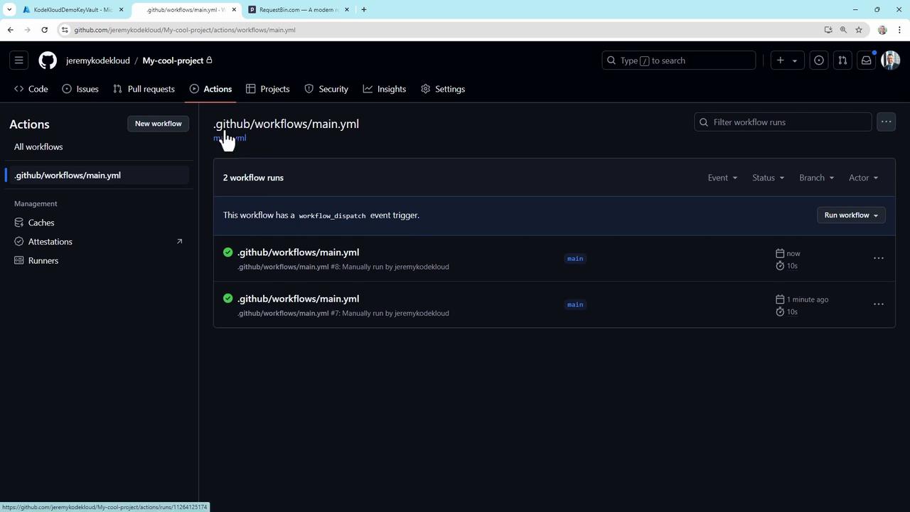 The image shows a GitHub Actions interface with a workflow file named `main.yml` and two recent workflow runs. The interface includes options for managing workflows and running them manually.