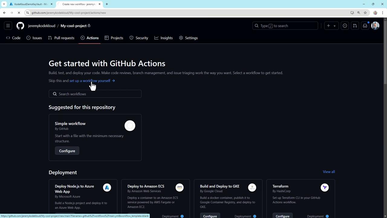 The image shows a GitHub Actions setup page for a repository, offering options to configure workflows such as a simple workflow or deployment to various cloud services.