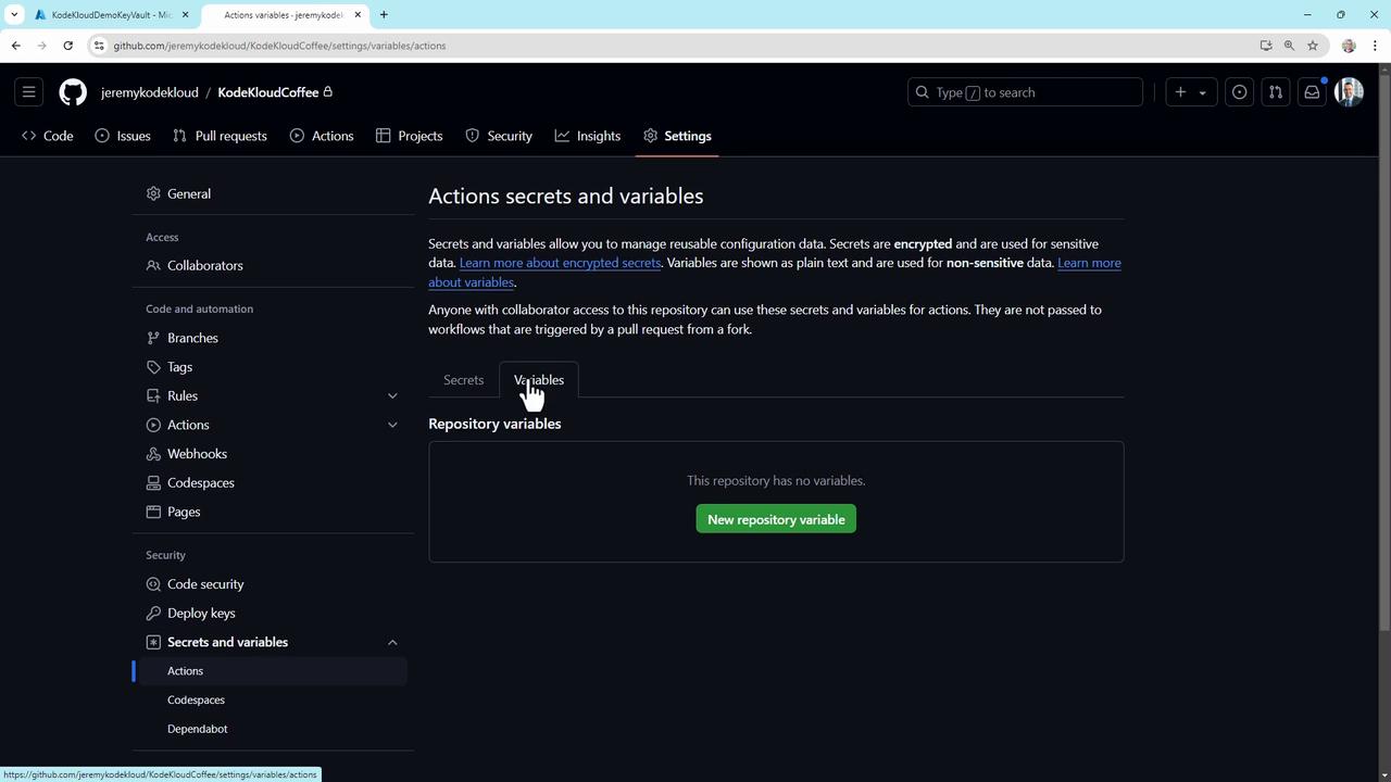 The image shows a GitHub repository settings page focused on "Actions secrets and variables," with options to manage secrets and repository variables. A cursor is hovering over the "Variables" tab, and there are no variables currently set.