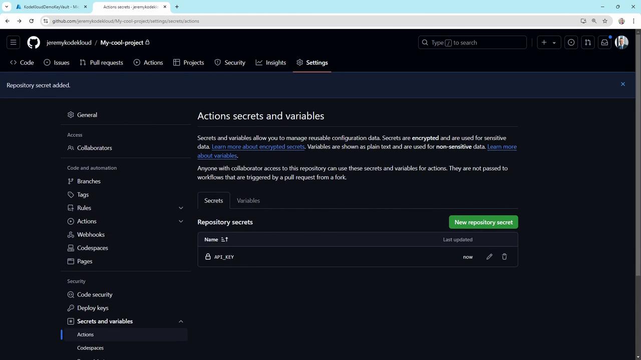 The image shows a GitHub repository settings page for managing "Actions secrets and variables," with an "API_KEY" listed as a repository secret.