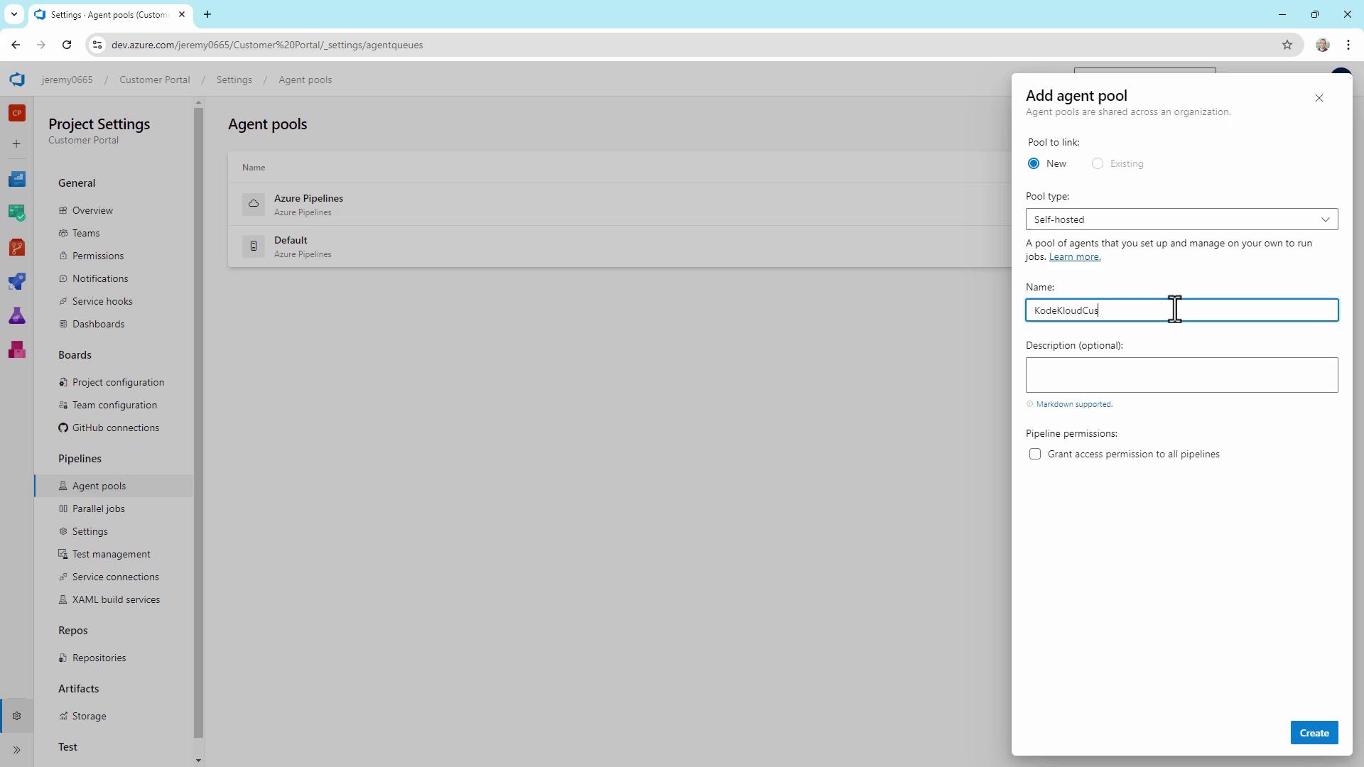 The image shows a web interface for Azure DevOps, specifically the "Agent pools" settings page, with a dialog open for adding a new self-hosted agent pool.
