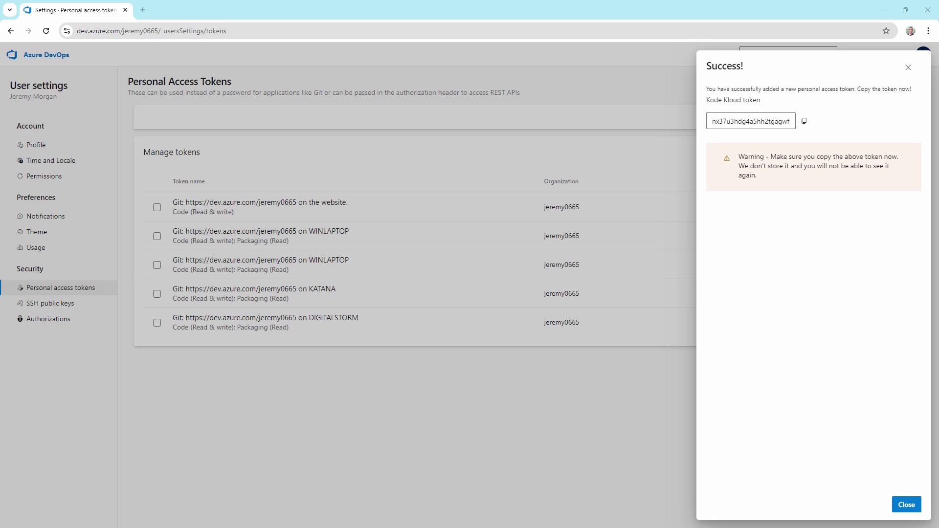 The image shows the Azure DevOps user settings page, specifically the "Personal Access Tokens" section, with a success message indicating a new token has been added.