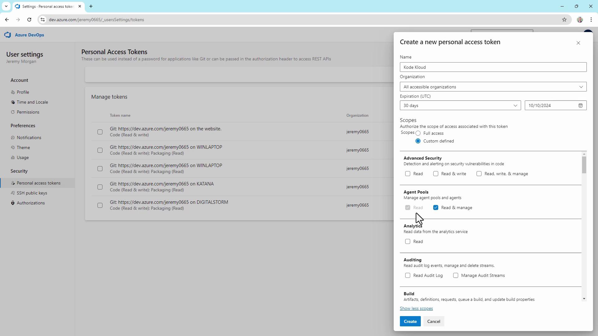 The image shows a user interface for Azure DevOps, specifically the "Personal Access Tokens" settings page. It includes a section for managing tokens and a pop-up window for creating a new personal access token with customizable scopes.