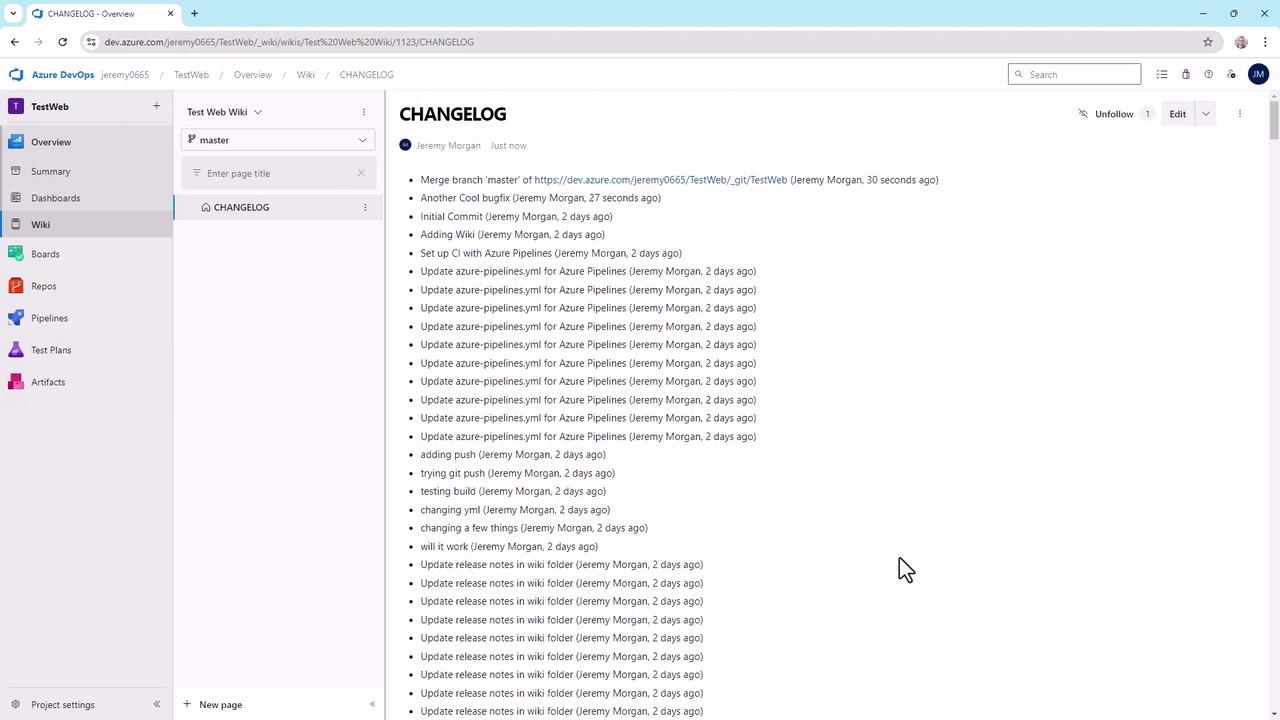 The image shows a changelog page from Azure DevOps, listing recent updates and commits made to a project. The interface includes navigation options like Boards, Repos, Pipelines, Test Plans, and Artifacts.