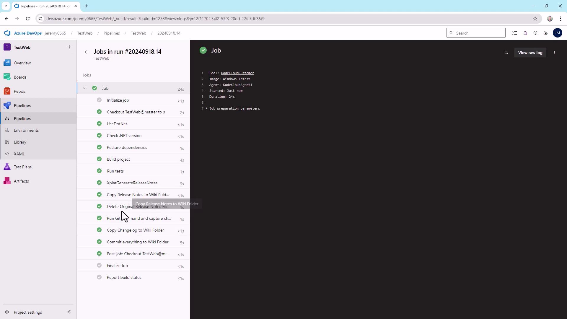 The image shows an Azure DevOps pipeline interface with a list of completed job tasks on the left and job details on the right. The tasks include initializing the job, checking out code, restoring dependencies, building the project, and generating release notes.