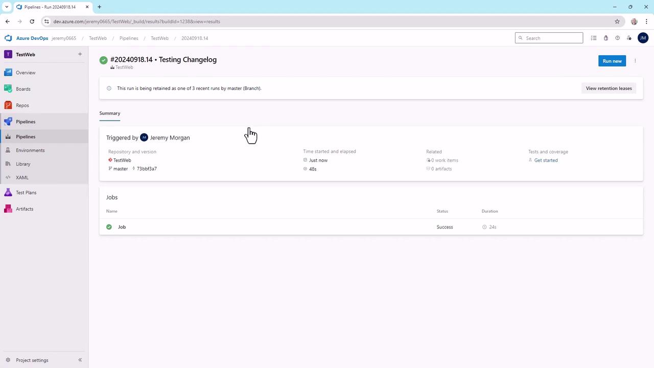 The image shows an Azure DevOps pipeline run summary, indicating a successful job execution for a project named "TestWeb." The pipeline was triggered by a user and includes details like the repository, branch, and duration.