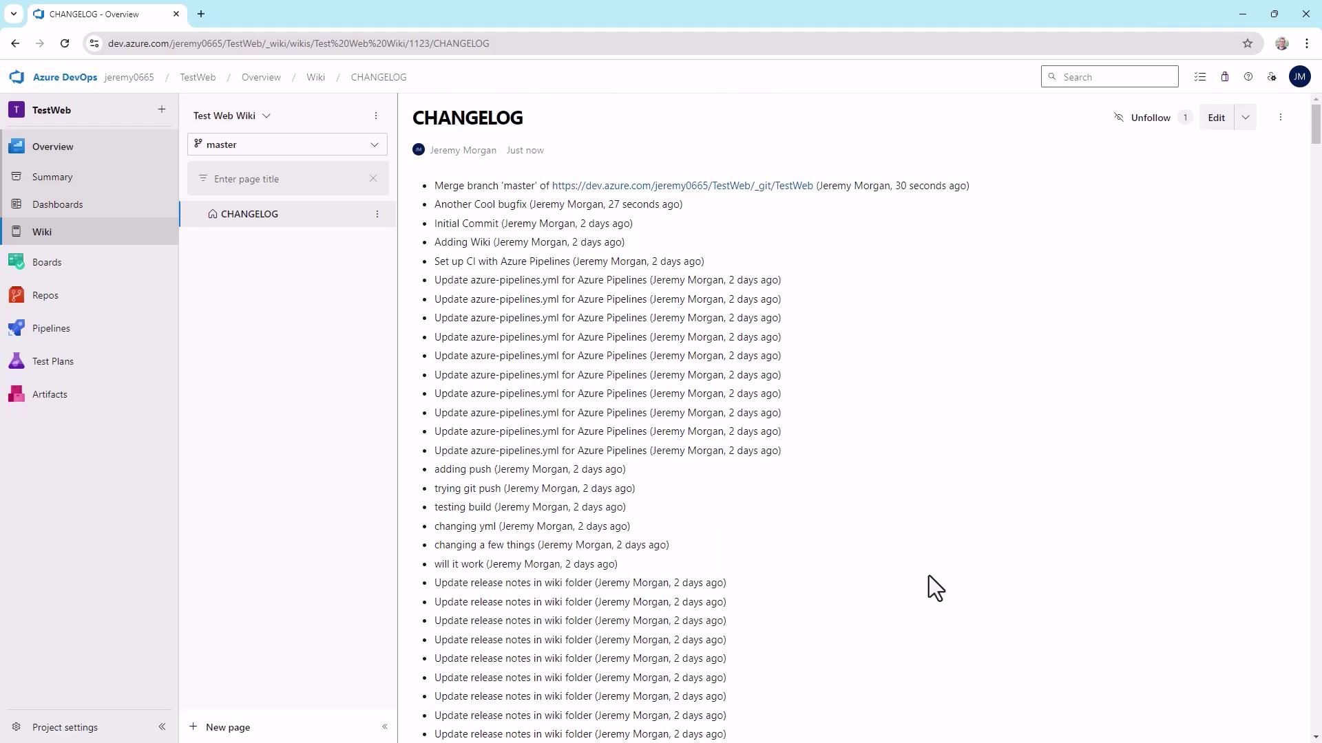 The image shows a changelog page from an Azure DevOps wiki, listing recent updates and commits. The interface includes navigation options on the left and detailed change entries on the right.