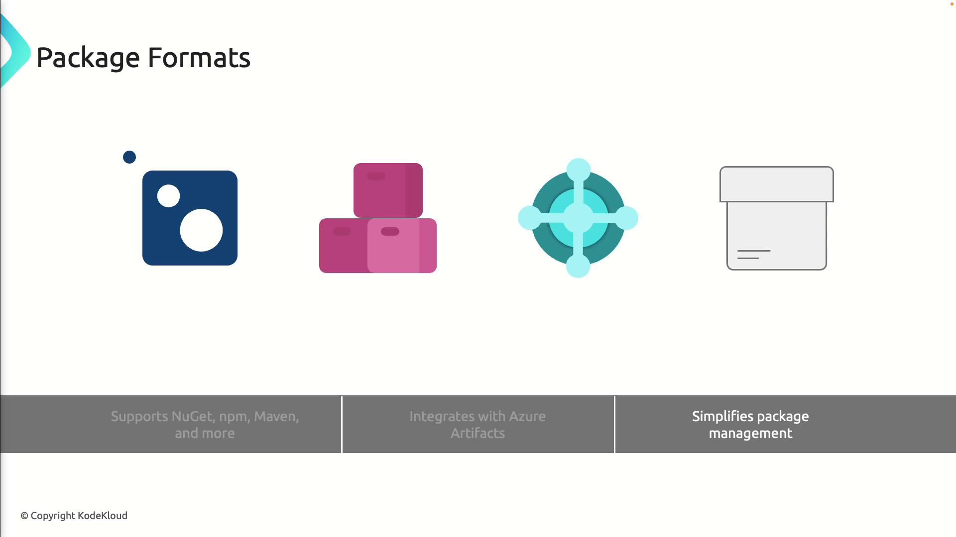 The image shows icons representing different package formats, with text highlighting support for NuGet, npm, Maven, integration with Azure Artifacts, and simplified package management.