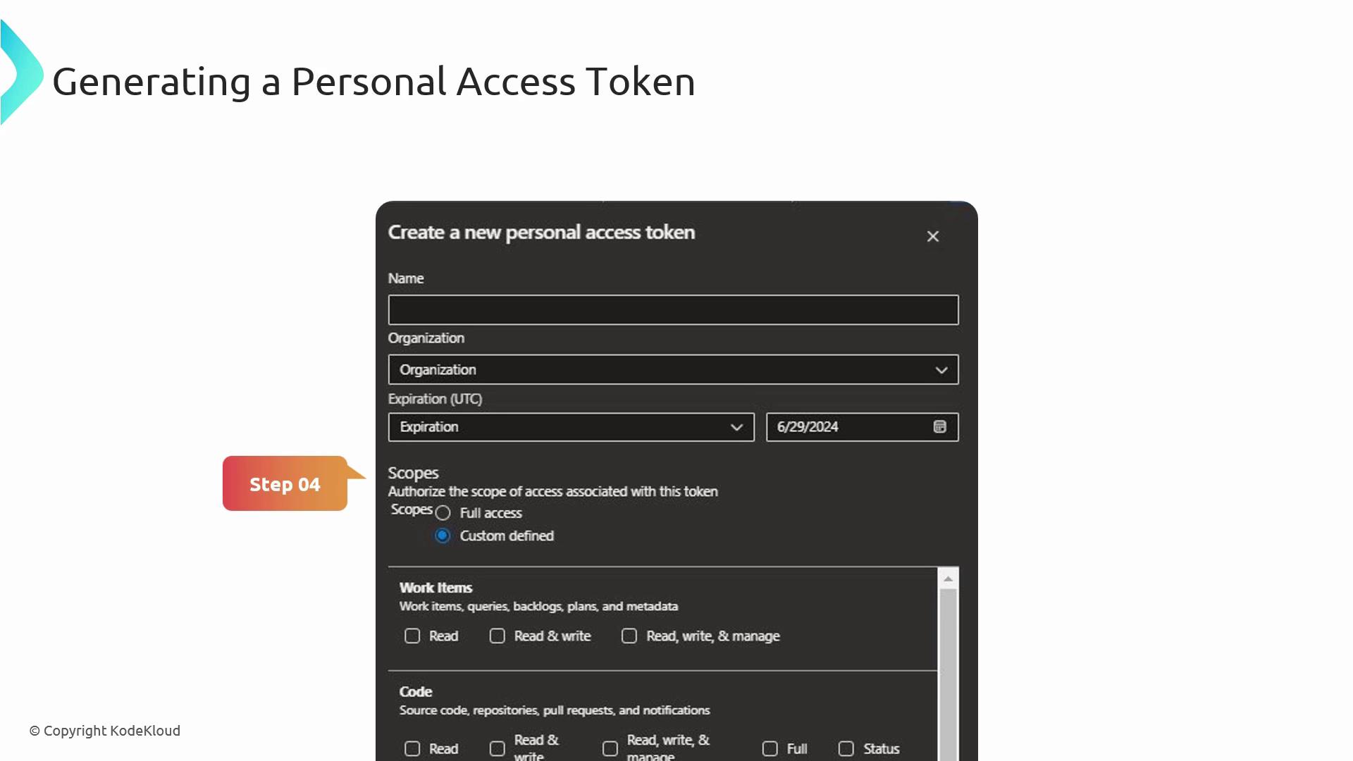 The image shows a form for generating a personal access token, including fields for name, organization, expiration date, and scope of access. It is labeled as "Step 04" in a process.