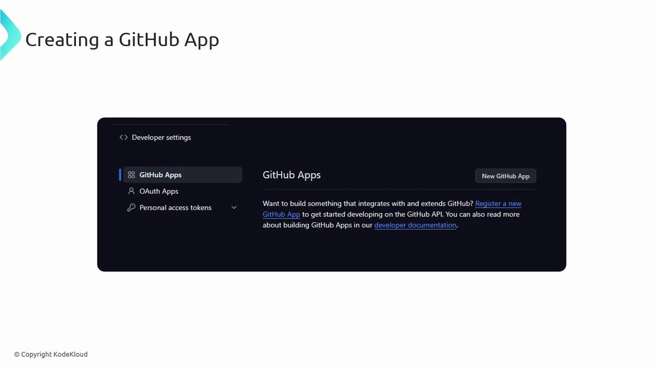 The image shows a screenshot of the GitHub developer settings interface, specifically focusing on creating a GitHub App, with options for GitHub Apps, OAuth Apps, and personal access tokens.