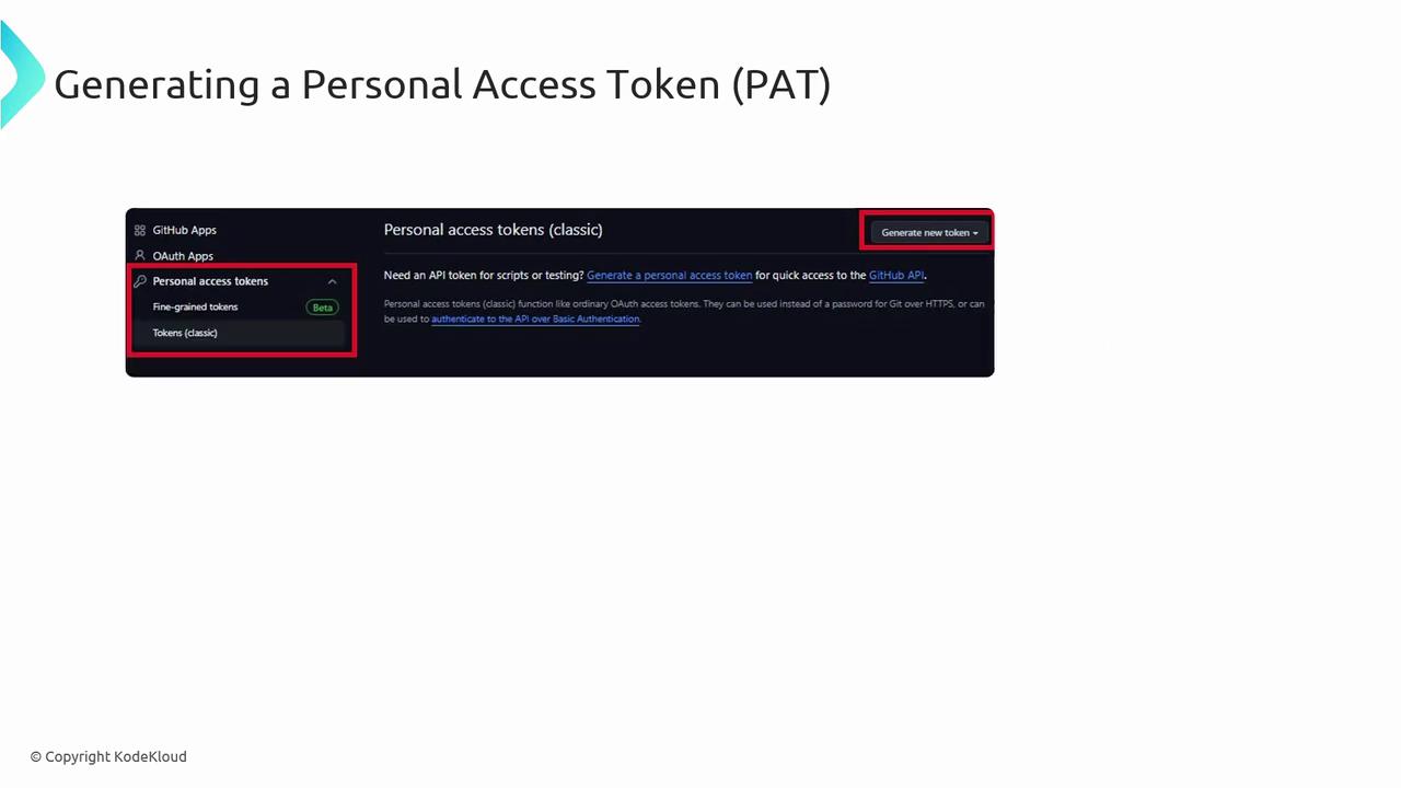 The image shows a screenshot of a GitHub interface for generating a Personal Access Token (PAT), highlighting the "Personal access tokens" section and the "Generate new token" button.