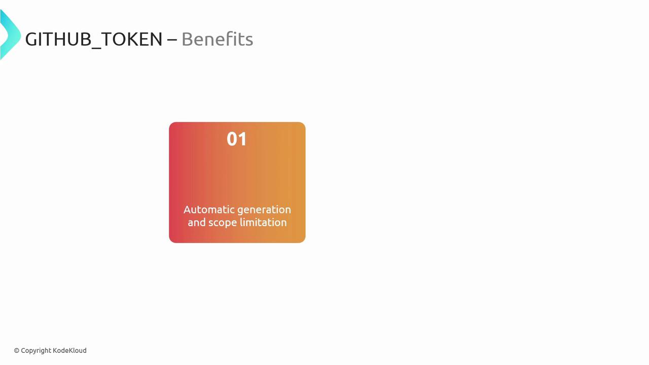 The image is a slide titled "GITHUB_TOKEN – Benefits" with a highlighted point about "Automatic generation and scope limitation."