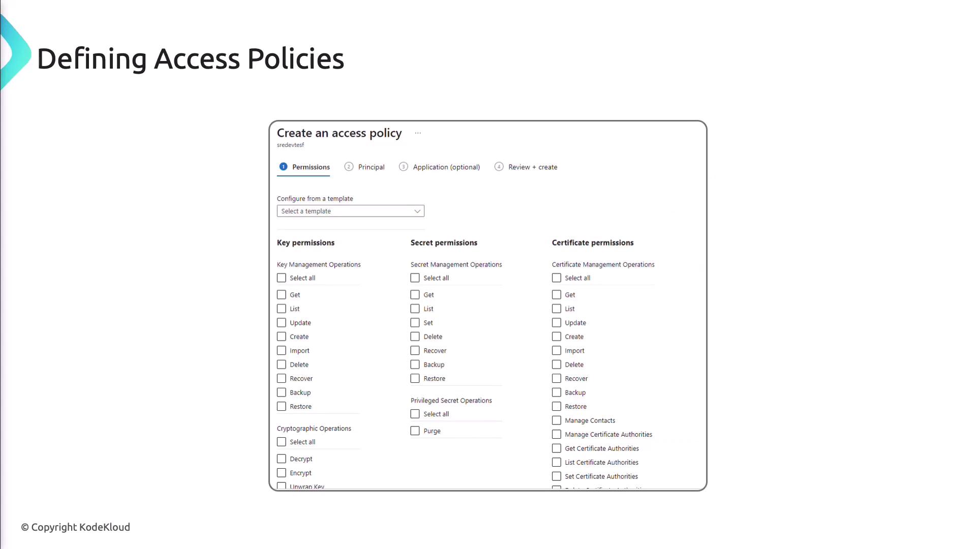 The image shows a user interface for creating an access policy, with options to configure key, secret, and certificate permissions. It includes checkboxes for various management operations like Get, List, Update, and Delete.