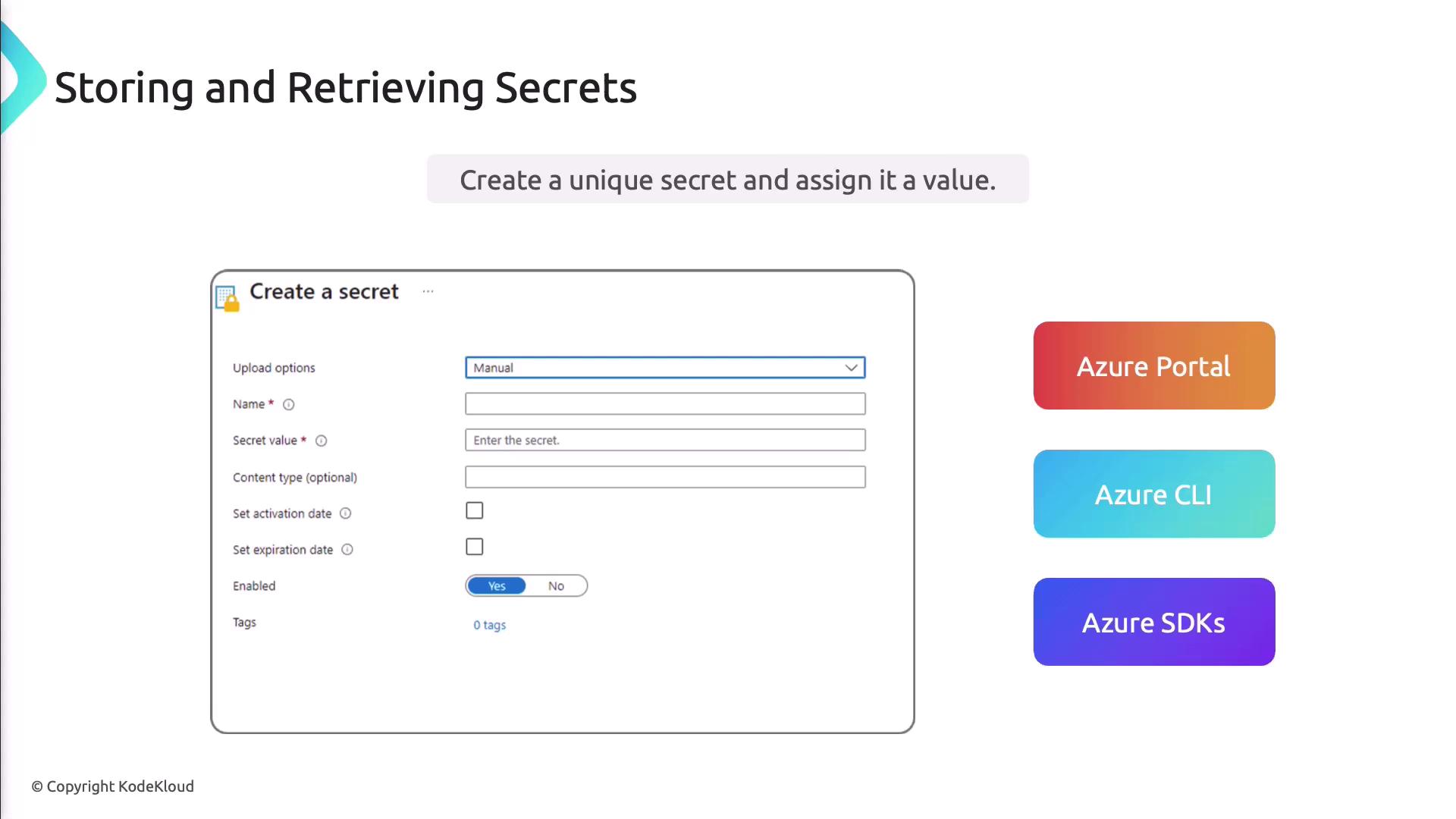The image shows a form for creating a secret, with fields for name, secret value, and optional settings, alongside options for using Azure Portal, Azure CLI, and Azure SDKs.