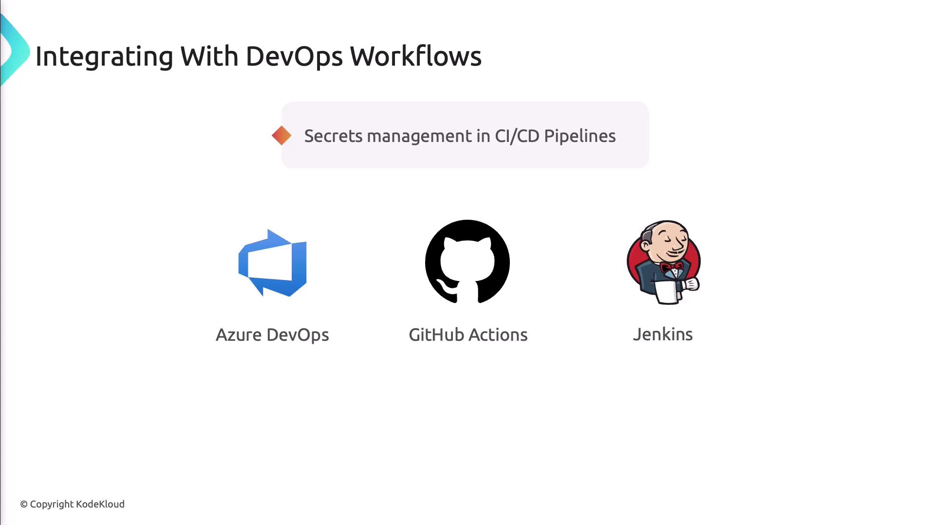 The image discusses integrating DevOps workflows with a focus on secrets management in CI/CD pipelines, featuring Azure DevOps, GitHub Actions, and Jenkins.