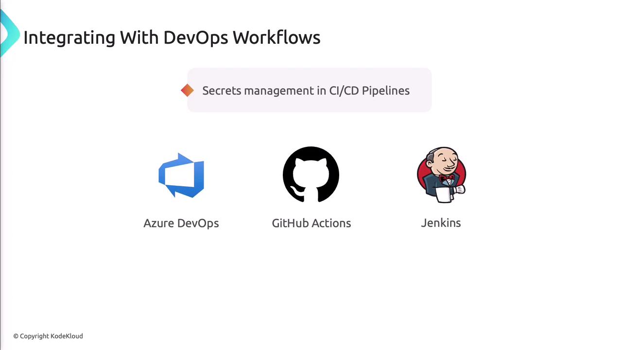 The image is about integrating DevOps workflows, focusing on secrets management in CI/CD pipelines, featuring Azure DevOps, GitHub Actions, and Jenkins.