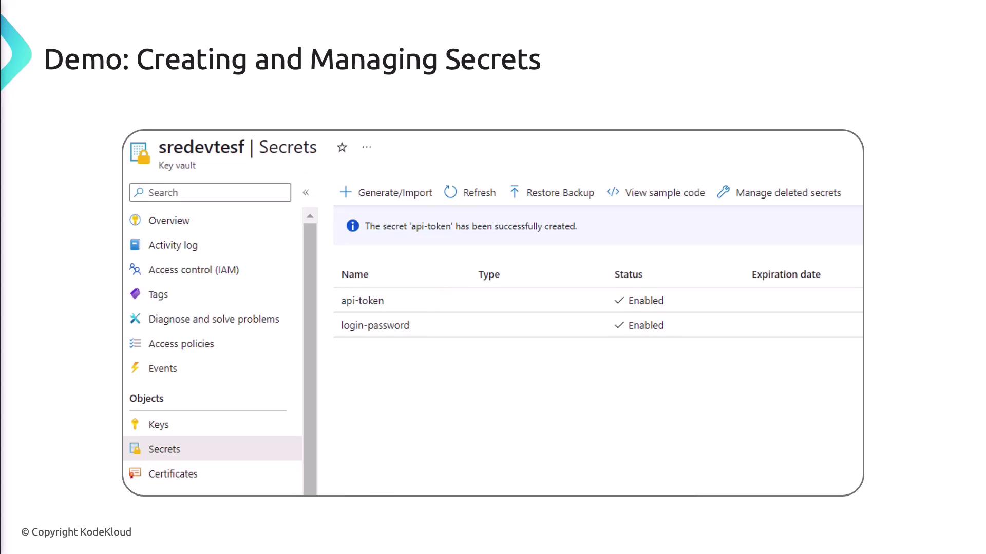 The image shows a screenshot of a key vault interface for managing secrets, with options to generate, import, and manage secrets like "api-token" and "login-password," both of which are enabled.