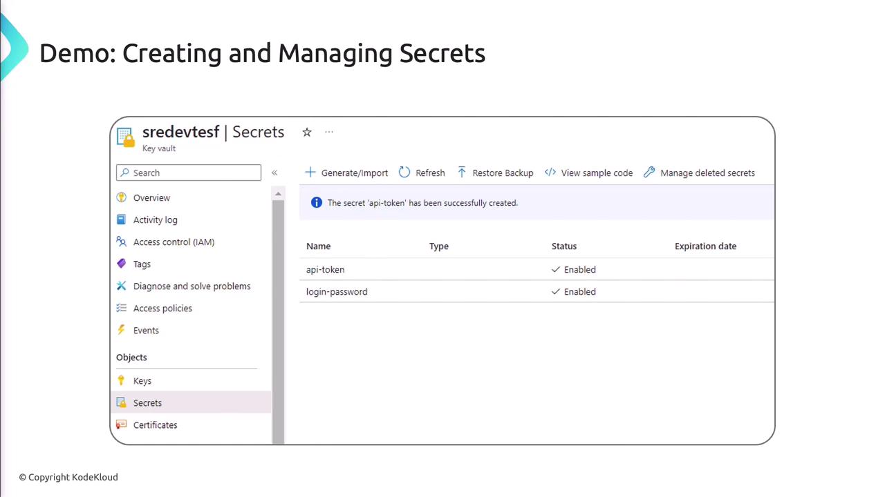 The image shows a demo interface for creating and managing secrets in a key vault, with options like generating/importing secrets and managing deleted ones. It lists two secrets, "api-token" and "login-password," both enabled.