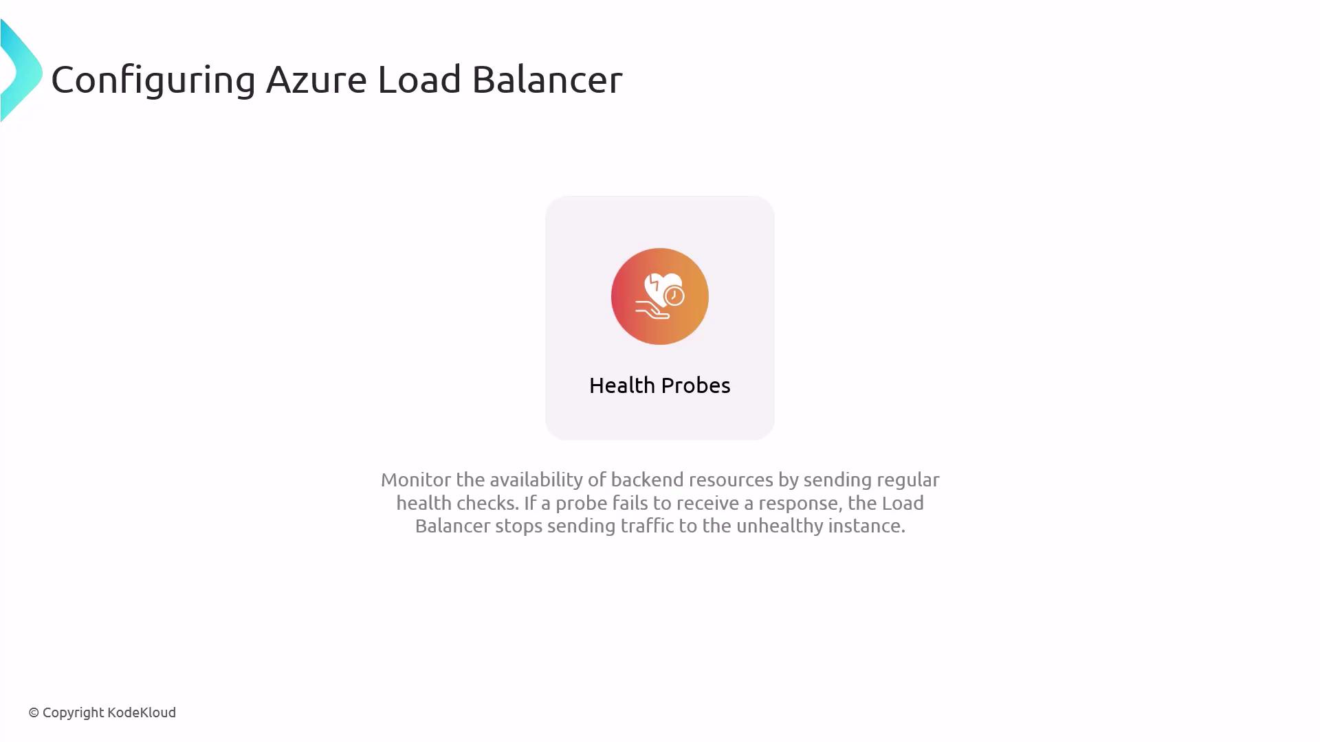 The image is about configuring an Azure Load Balancer, focusing on health probes to monitor backend resources. It explains that if a probe fails, the load balancer stops sending traffic to the unhealthy instance.