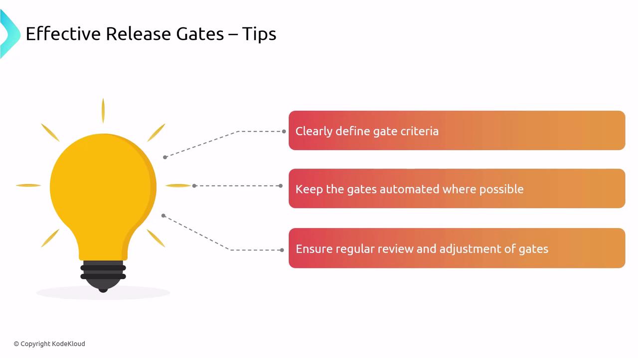 The image provides tips for effective release gates, featuring a lightbulb graphic and three key points: clearly define gate criteria, automate gates where possible, and ensure regular review and adjustment.