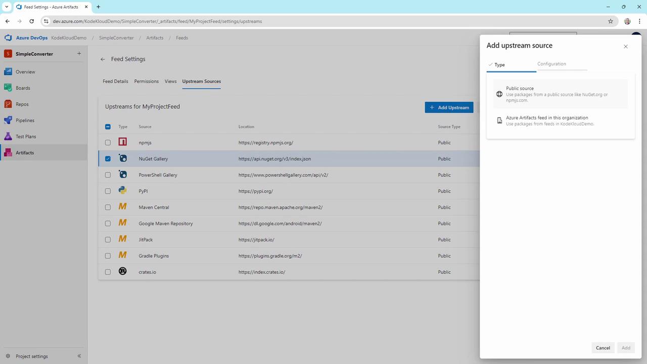 The image shows the Azure DevOps interface, specifically the "Feed Settings" for upstream sources in a project. A dialog box titled "Add upstream source" is open, offering options to add a public source or an Azure Artifacts feed.