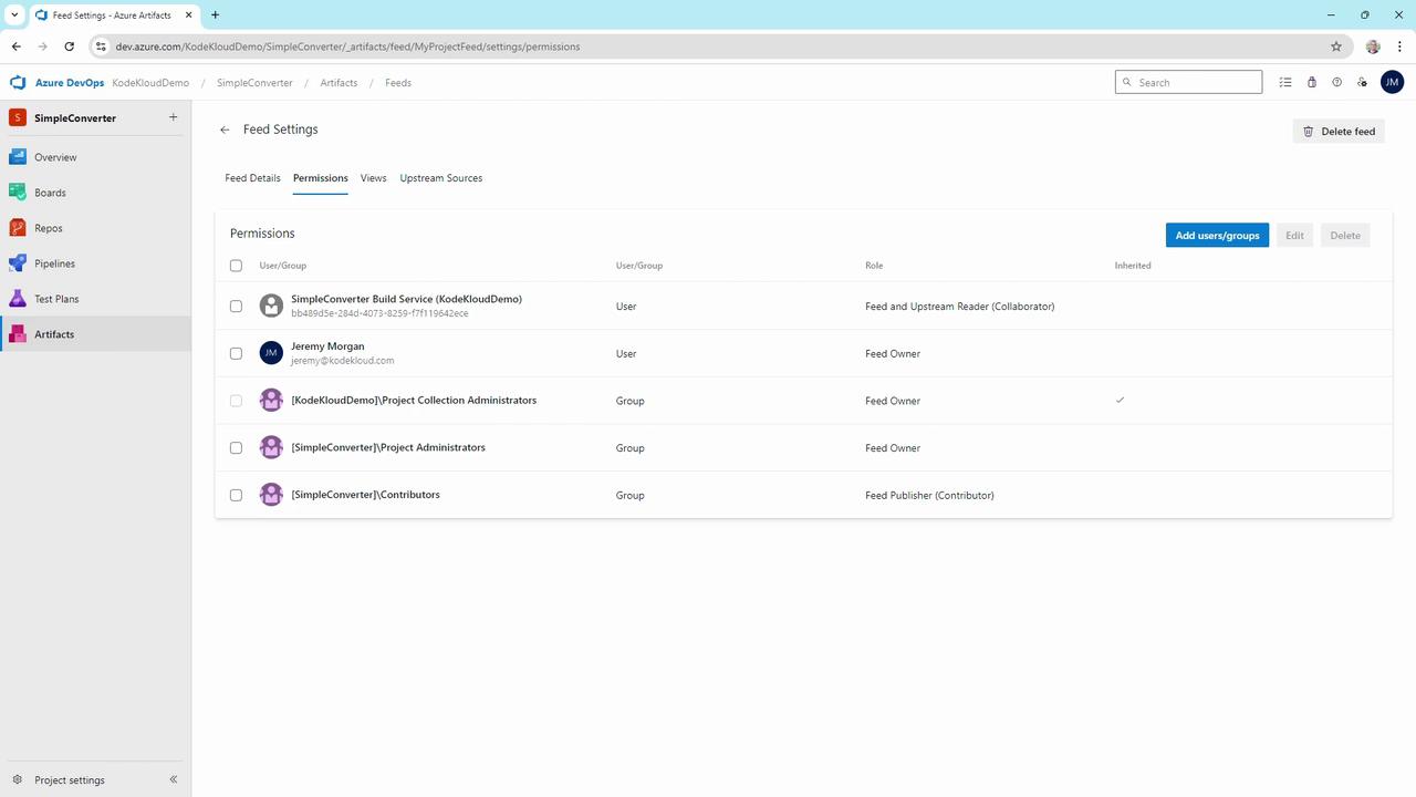 The image shows the "Permissions" tab of the "Feed Settings" in Azure DevOps, listing users and groups with their roles and permissions for a project feed.