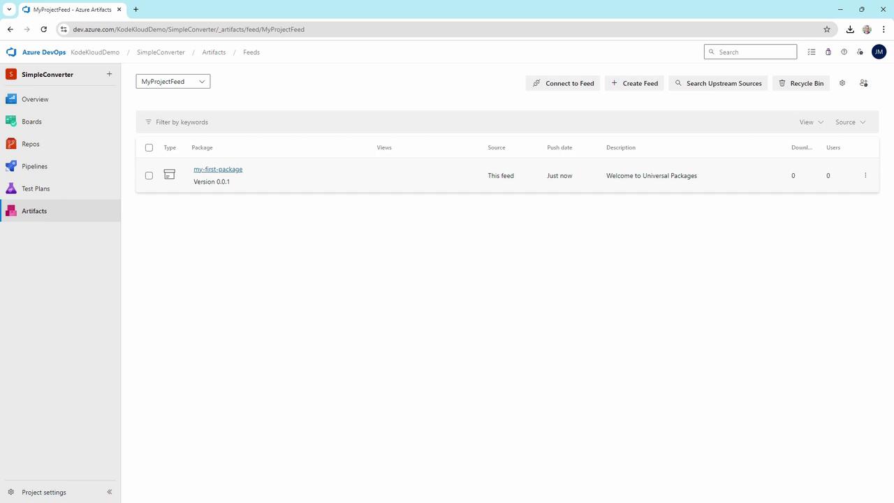 The image shows an Azure DevOps interface displaying a feed named "MyProjectFeed" with a package titled "my-first-package" version 0.0.1. The package is listed under the "Artifacts" section of a project called "SimpleConverter."