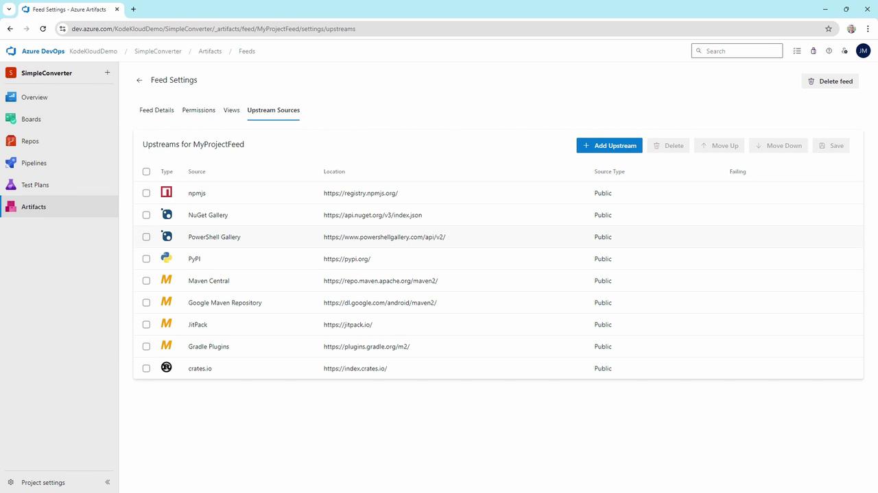 The image shows the "Upstream Sources" settings page in Azure DevOps for a project feed, listing various public package sources like npmjs, NuGet Gallery, and Maven Central.