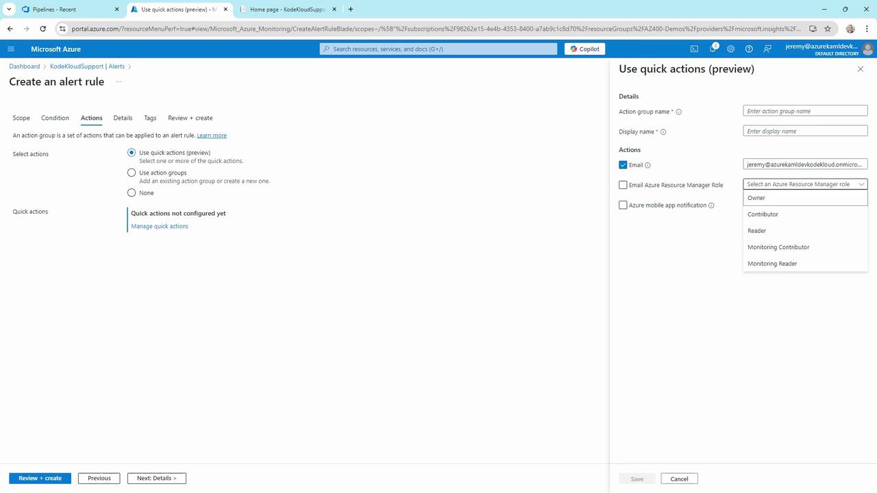 The image shows a Microsoft Azure interface for creating an alert rule, specifically on the "Actions" tab, with options to configure quick actions and action groups. A sidebar is open for using quick actions, allowing the user to enter details and select notification methods.