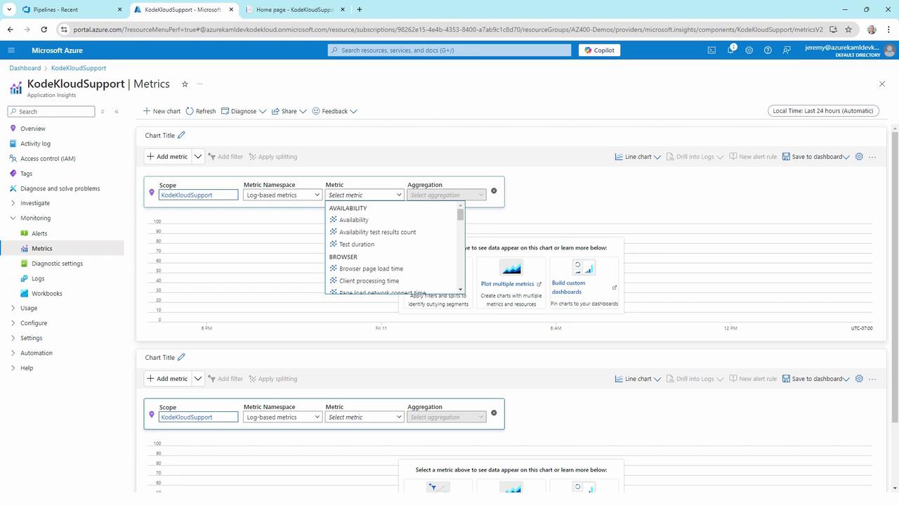 The image shows a Microsoft Azure dashboard for KodeKloudSupport, displaying metrics selection options and chart configurations for application insights.