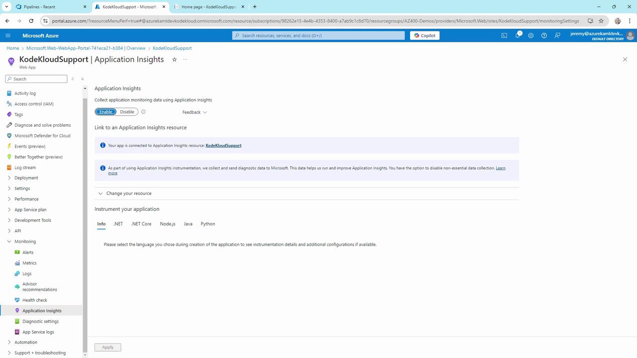 The image shows a Microsoft Azure portal page for "KodeKloudSupport" with Application Insights settings, allowing users to enable or disable application monitoring and link to an Application Insights resource.