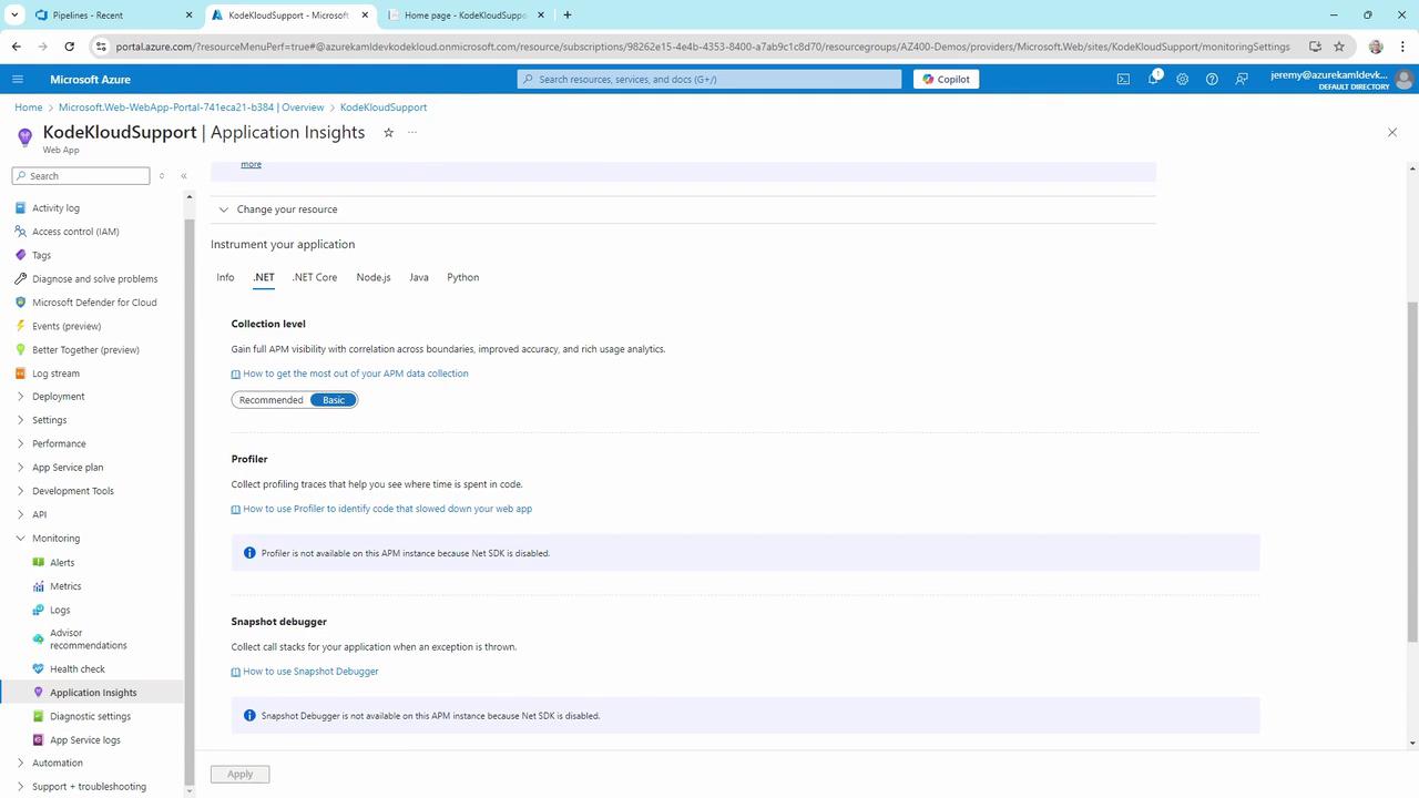 The image shows a Microsoft Azure portal page for "KodeKloudSupport" with a focus on Application Insights settings. It includes options for instrumenting applications with various programming languages and settings for collection level, profiler, and snapshot debugger.