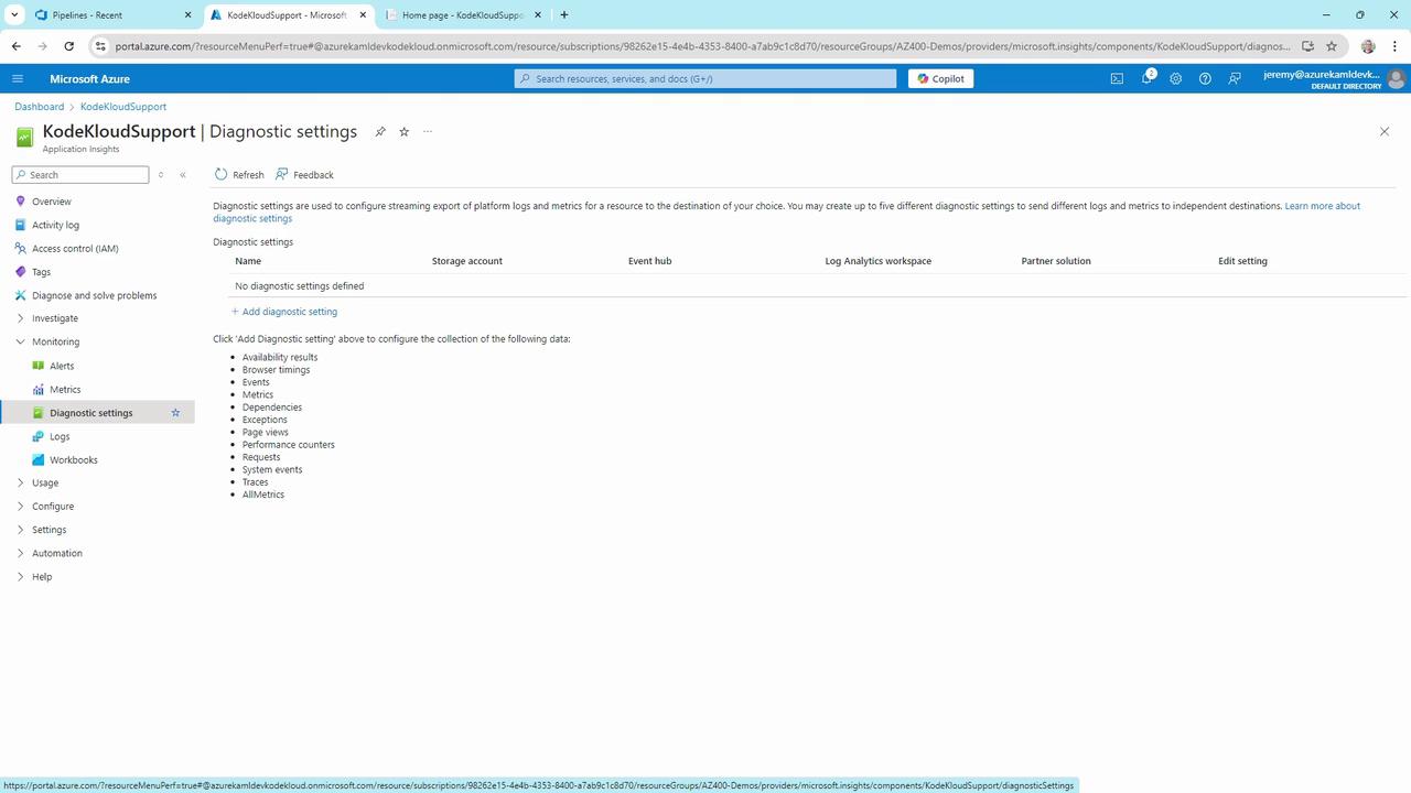 The image shows a Microsoft Azure portal page for "KodeKloudSupport" under "Diagnostic settings," where users can configure the export of platform logs and metrics. The page indicates that no diagnostic settings are currently defined.