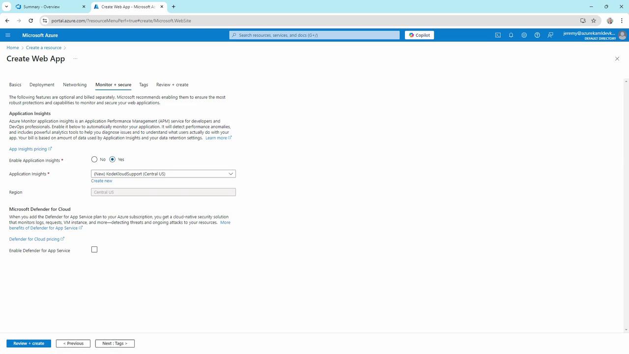 The image shows a Microsoft Azure portal page for creating a web app, specifically focusing on the "Monitor + secure" section with options for Application Insights and Microsoft Defender for Cloud.