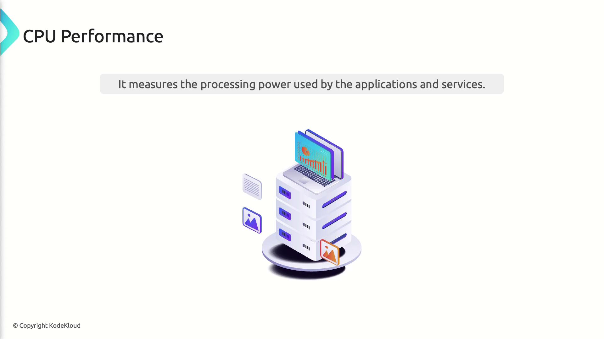 The image illustrates "CPU Performance" with a graphic of a server stack and a laptop, highlighting processing power usage by applications and services.