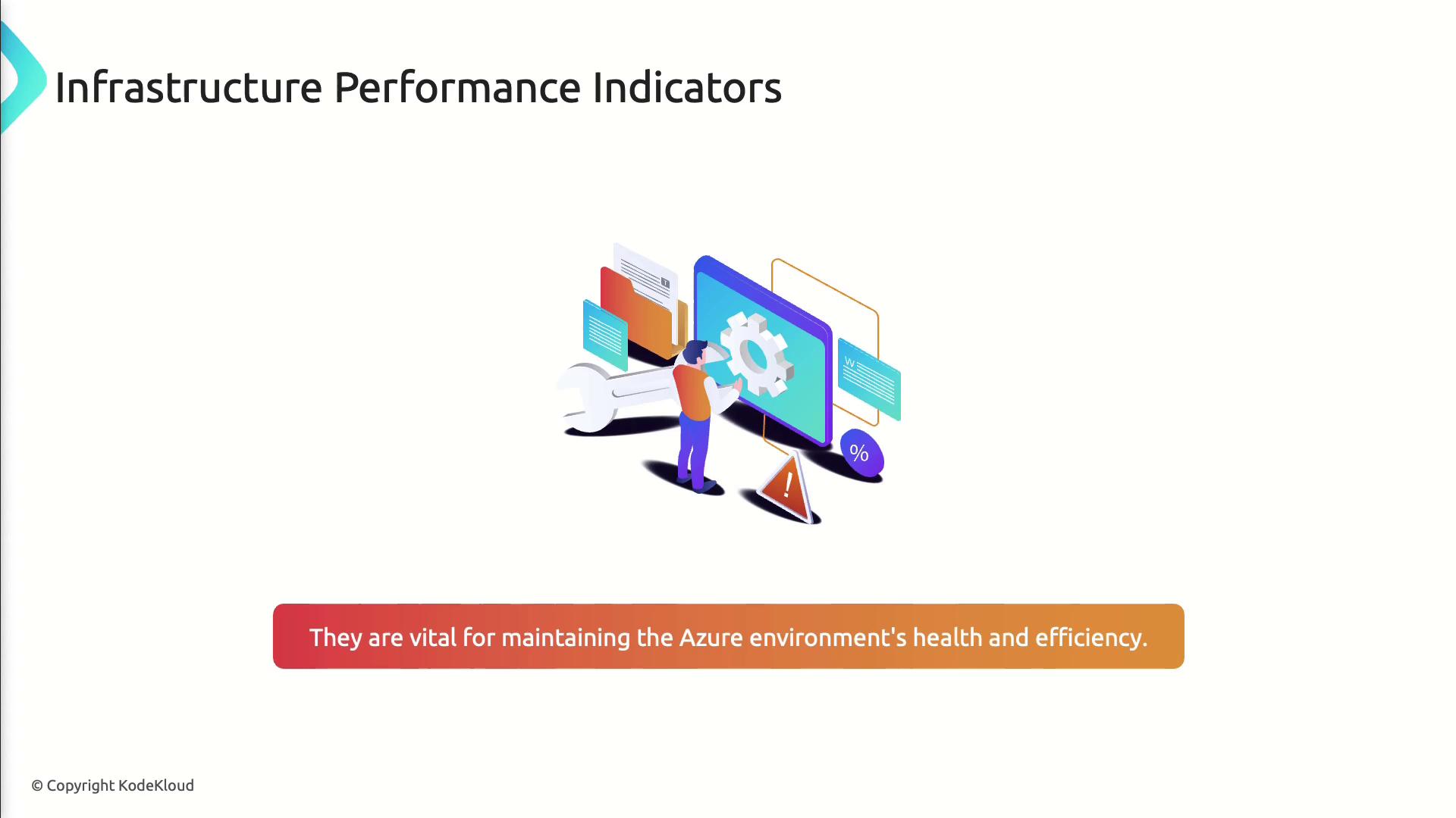 The image is titled "Infrastructure Performance Indicators" and features an illustration of a person interacting with a digital interface, accompanied by a message about maintaining the Azure environment's health and efficiency.