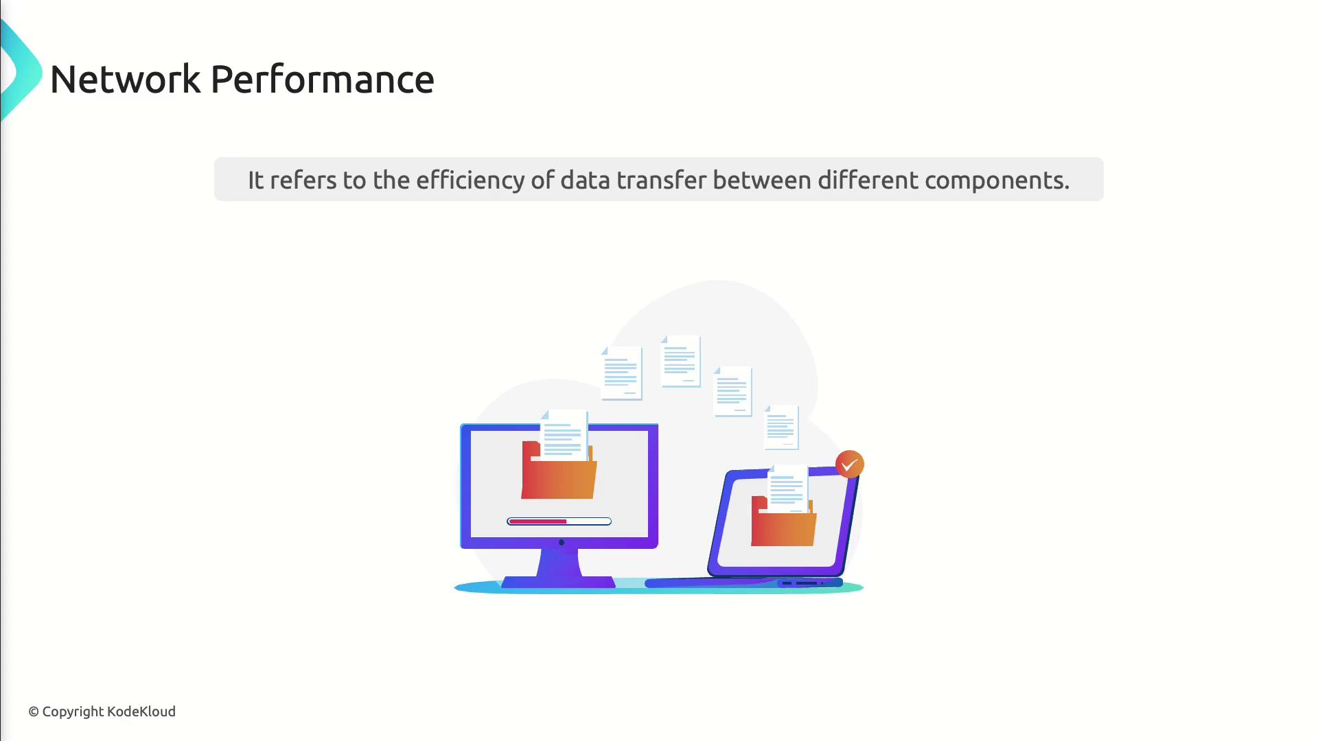 The image illustrates "Network Performance," showing data transfer between a desktop computer and a laptop, symbolizing efficient data exchange.