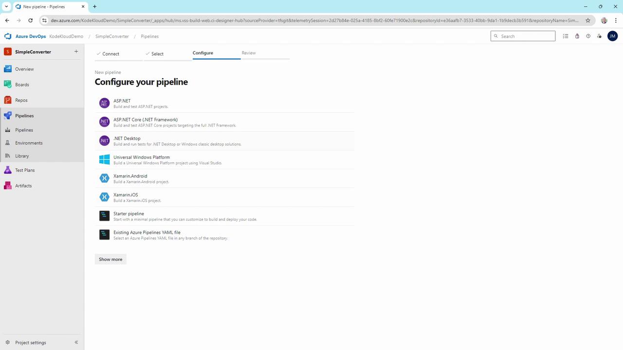 The image shows an Azure DevOps interface for configuring a new pipeline, with options for different project types like ASP.NET, .NET Desktop, and Xamarin.