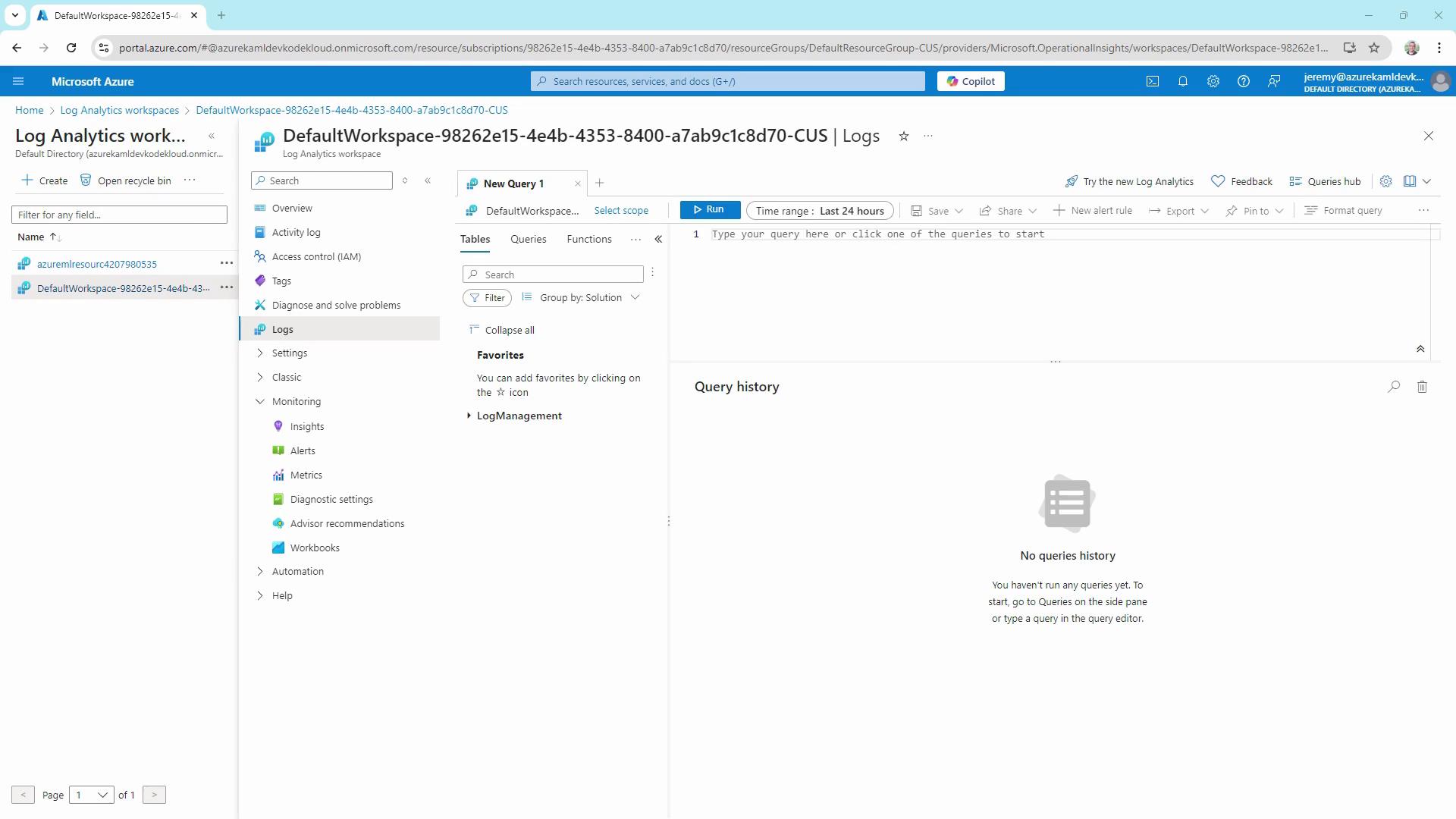 The image shows a Microsoft Azure Log Analytics workspace interface, with options for creating queries and viewing logs. The query history section indicates no queries have been run yet.