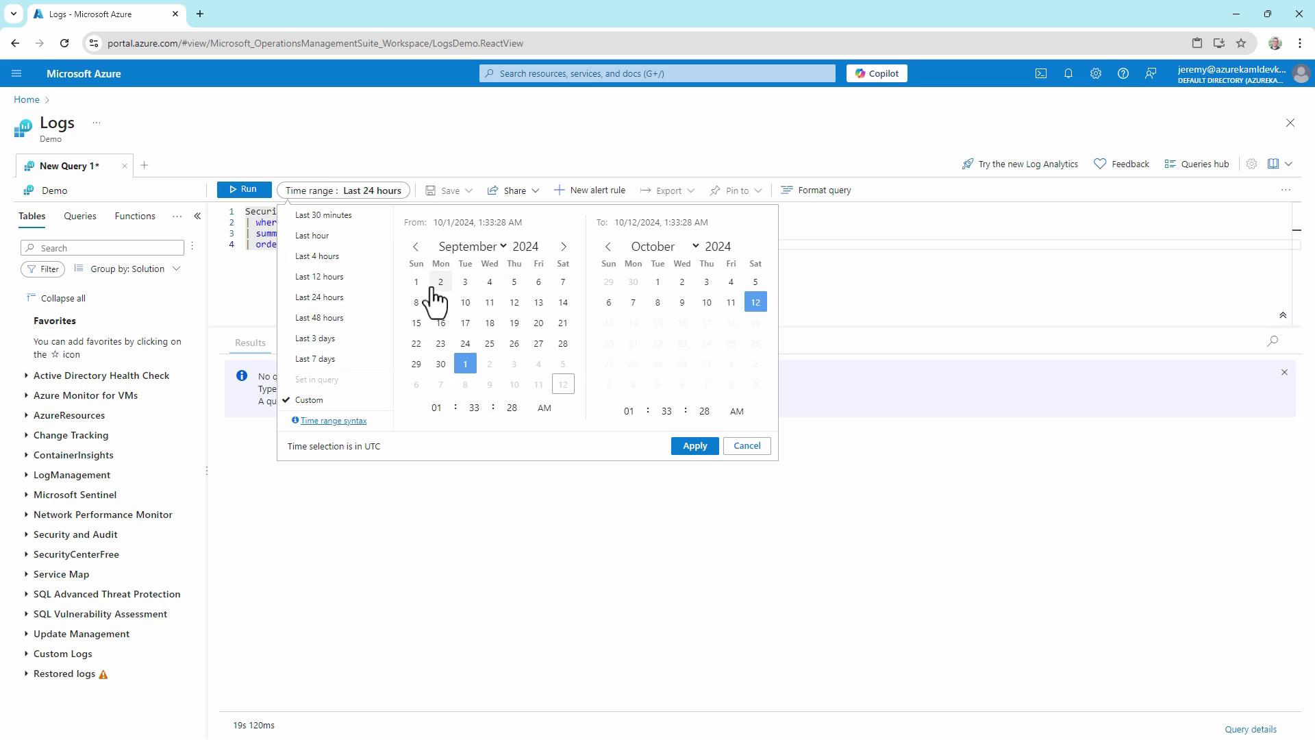 The image shows a Microsoft Azure Logs interface with a date range selection calendar open, allowing users to specify a time range for log queries. The interface includes options for running queries and managing log data.