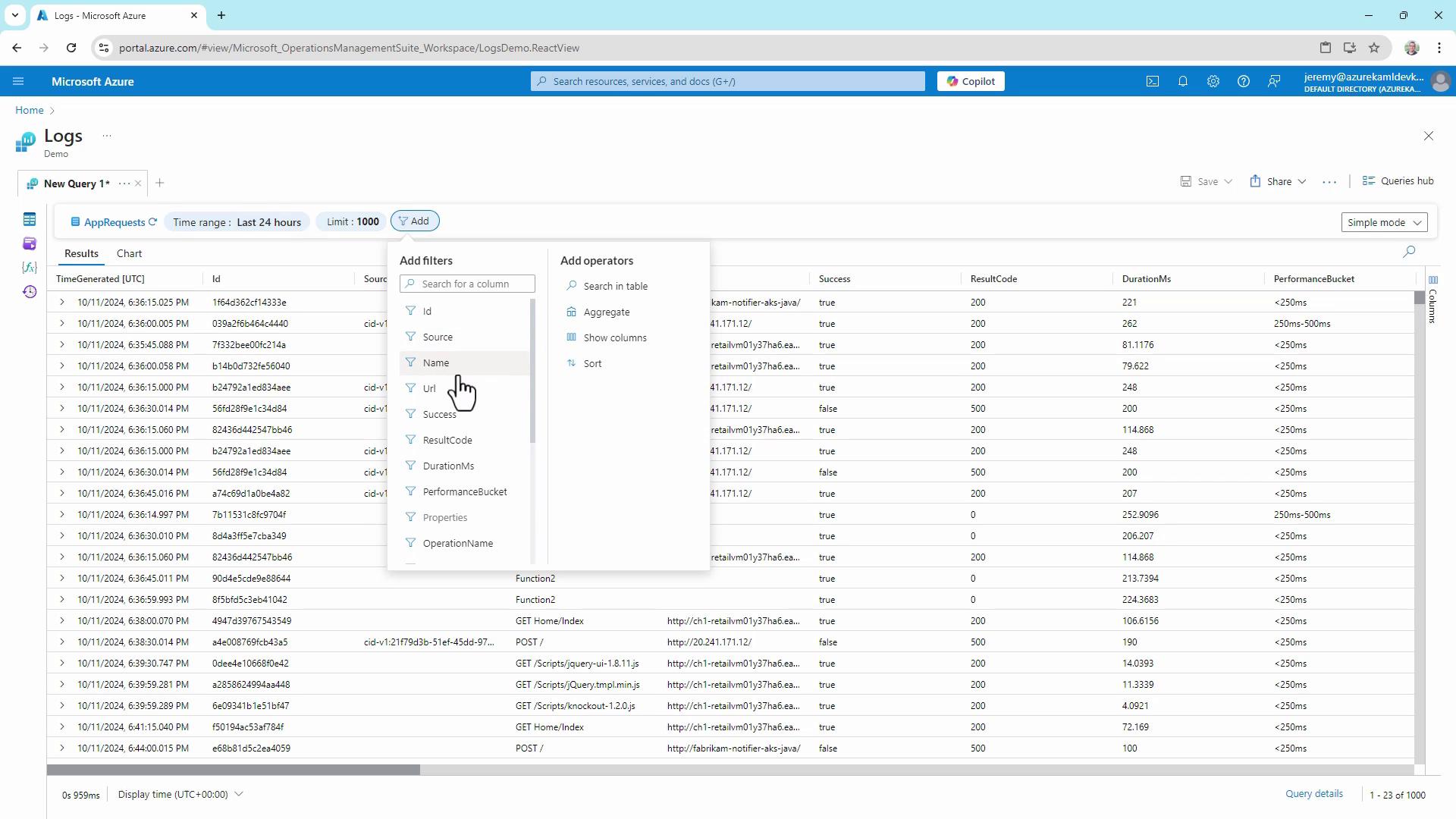 The image shows a Microsoft Azure Logs interface displaying a table of log data with various columns such as TimeGenerated, Id, Source, and more. A filter menu is open, allowing the user to add filters to the log data.