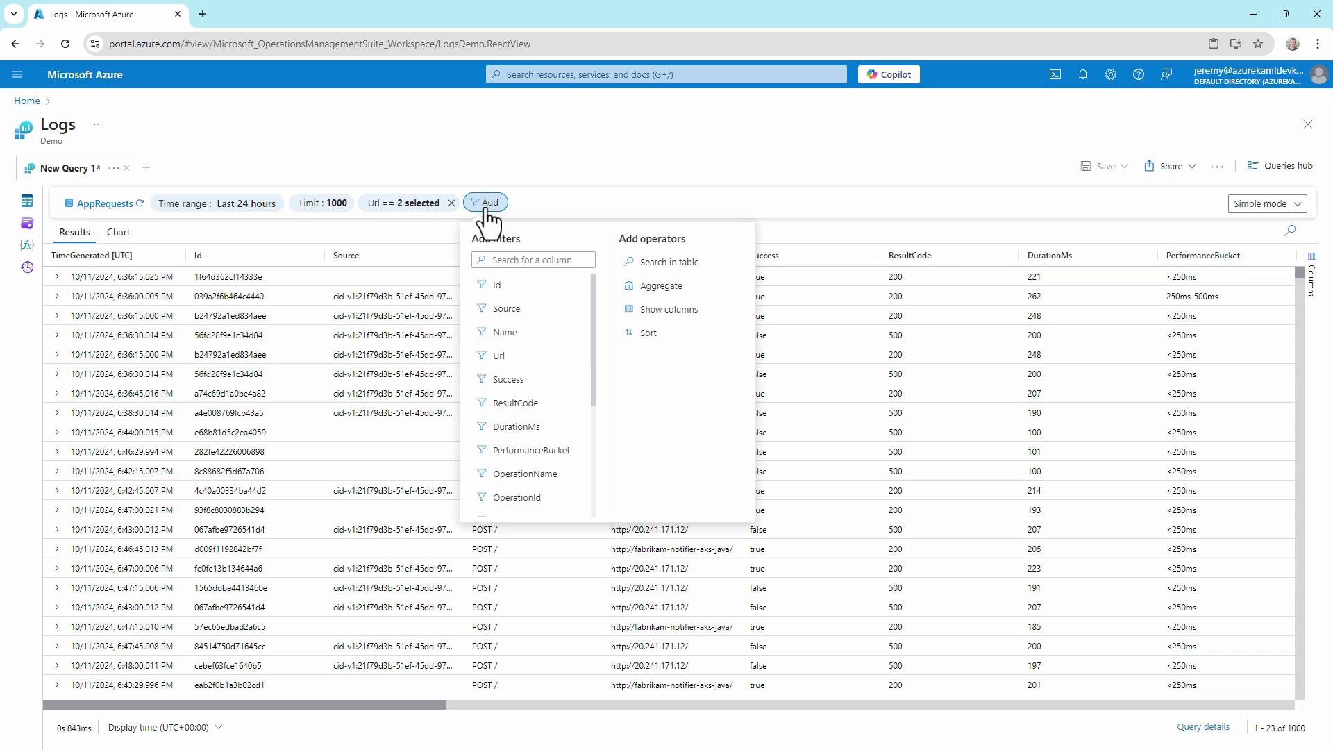 The image shows a Microsoft Azure Logs interface displaying a table of log entries with various columns like TimeGenerated, Id, Source, and ResultCode. A dropdown menu for adding filters and operators is open, with a cursor pointing to the "Add" button.