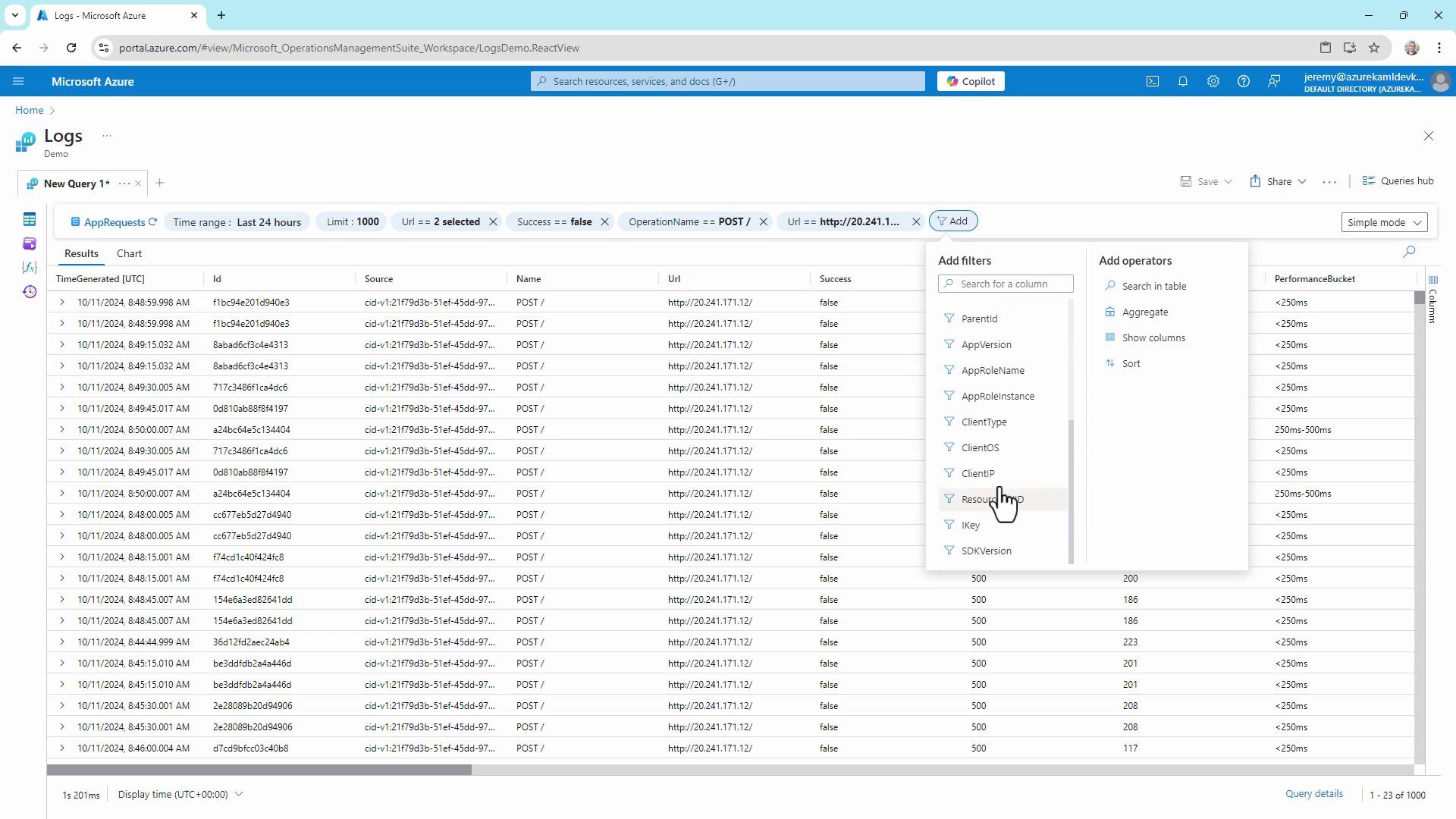 The image shows a Microsoft Azure Logs interface displaying a table of log entries with various filters applied, such as time range and URL. The interface includes options to add filters and operators to refine the log data.