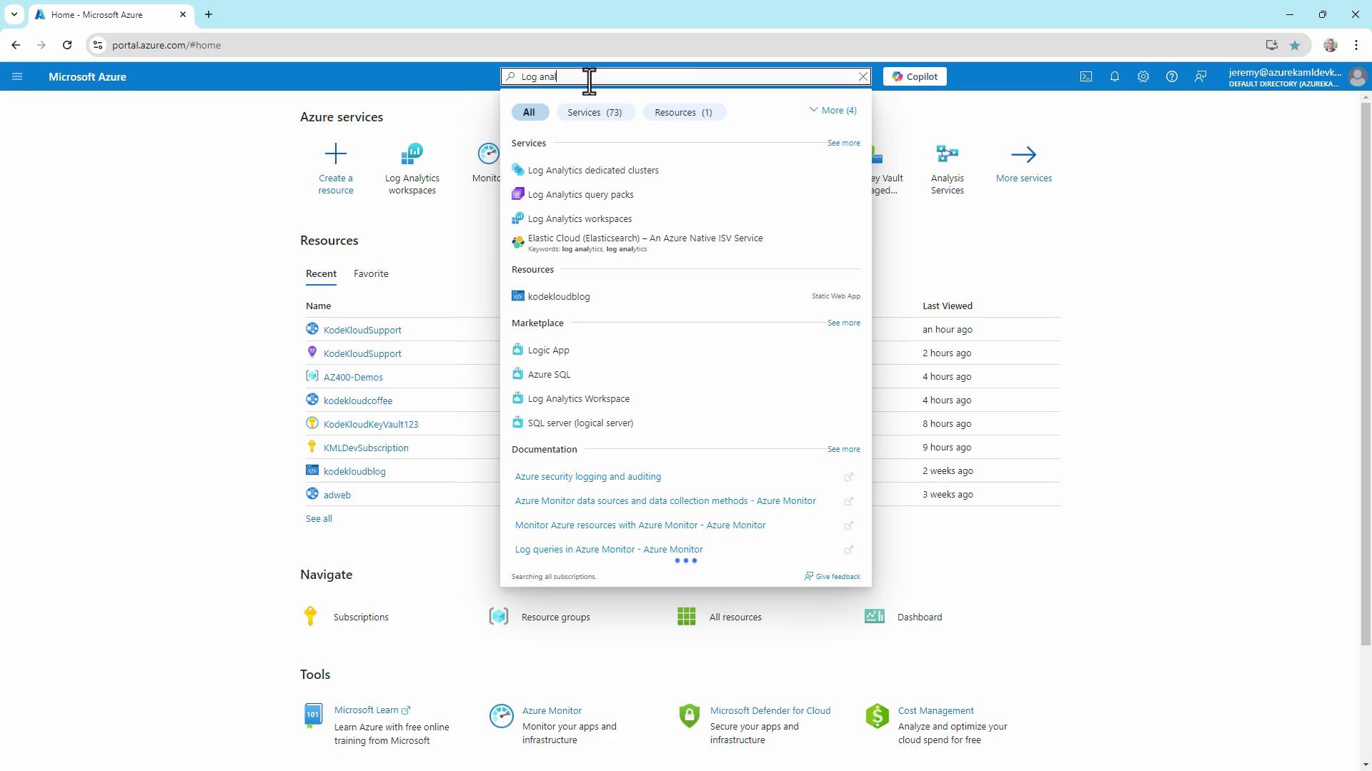The image shows the Microsoft Azure portal with a search bar displaying results for "Log Analytics," including services, resources, and documentation. The portal interface includes navigation options and recently viewed resources.