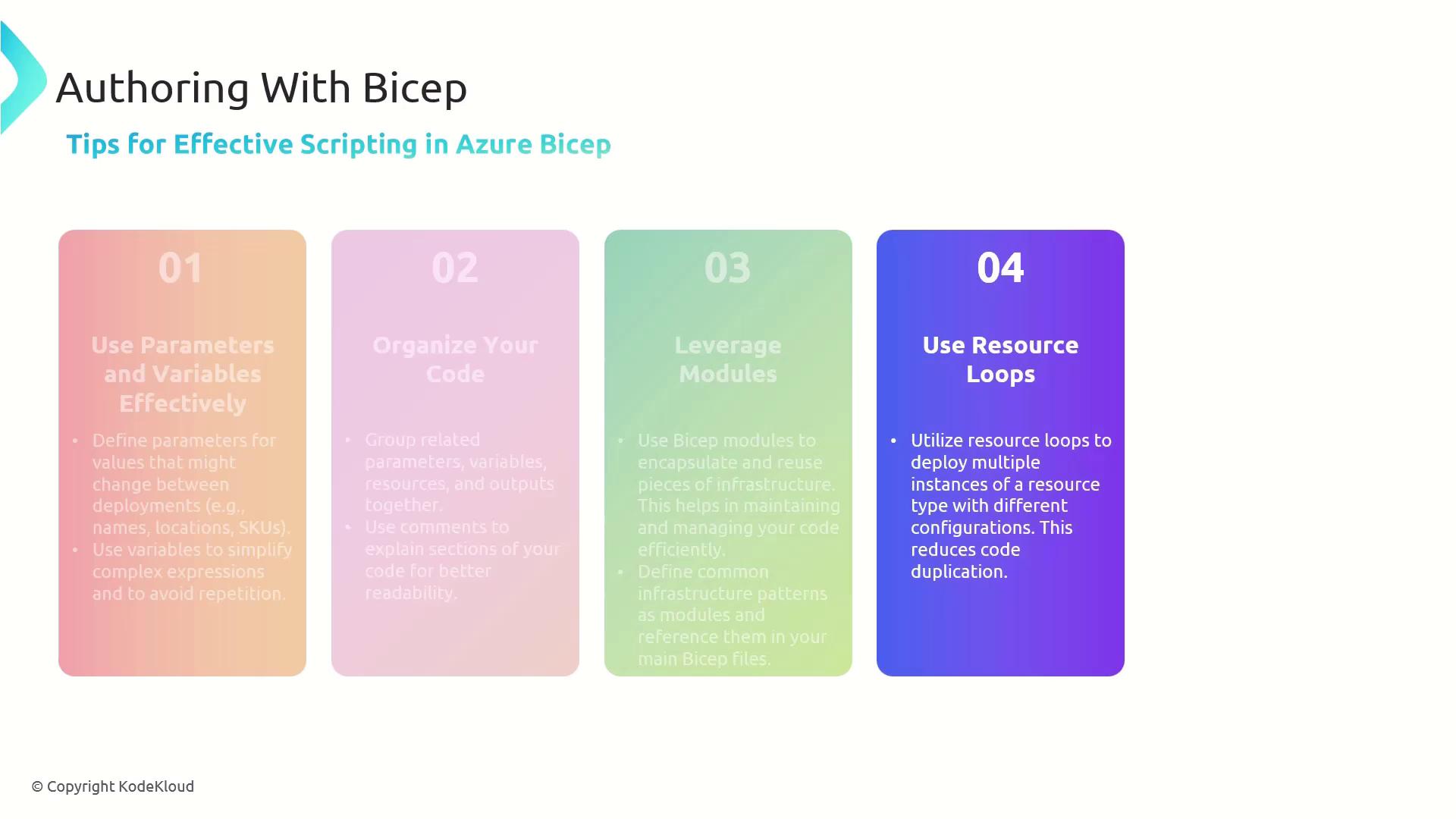 The image provides tips for effective scripting in Azure Bicep, highlighting four key practices: using parameters and variables effectively, organizing code, leveraging modules, and using resource loops.