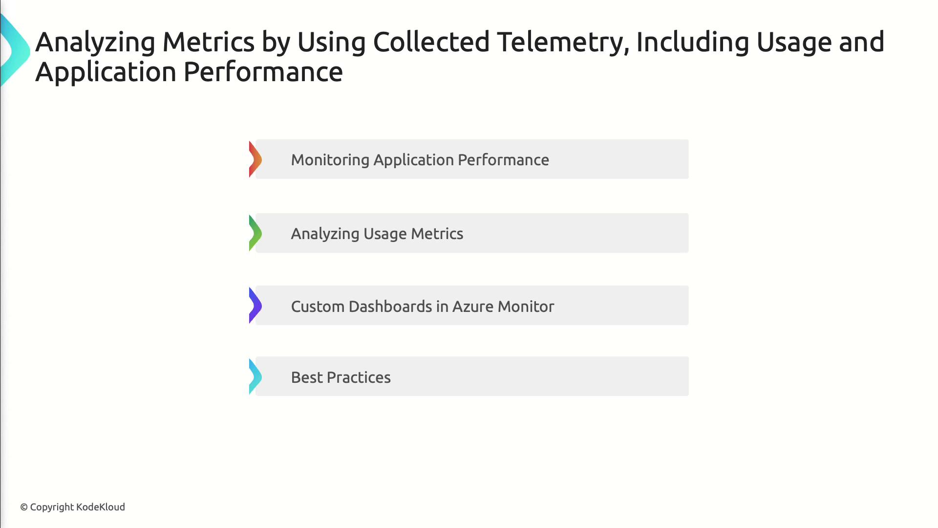 The image is a slide titled "Analyzing Metrics by Using Collected Telemetry, Including Usage and Application Performance," listing topics such as monitoring application performance, analyzing usage metrics, custom dashboards in Azure Monitor, and best practices.