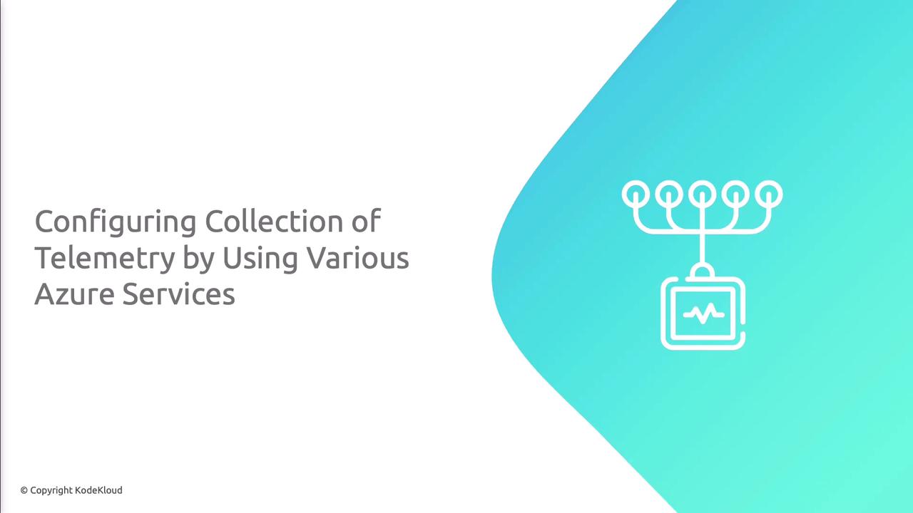 The image is a presentation slide titled "Configuring Collection of Telemetry by Using Various Azure Services," featuring a graphic of a network diagram on a blue gradient background.
